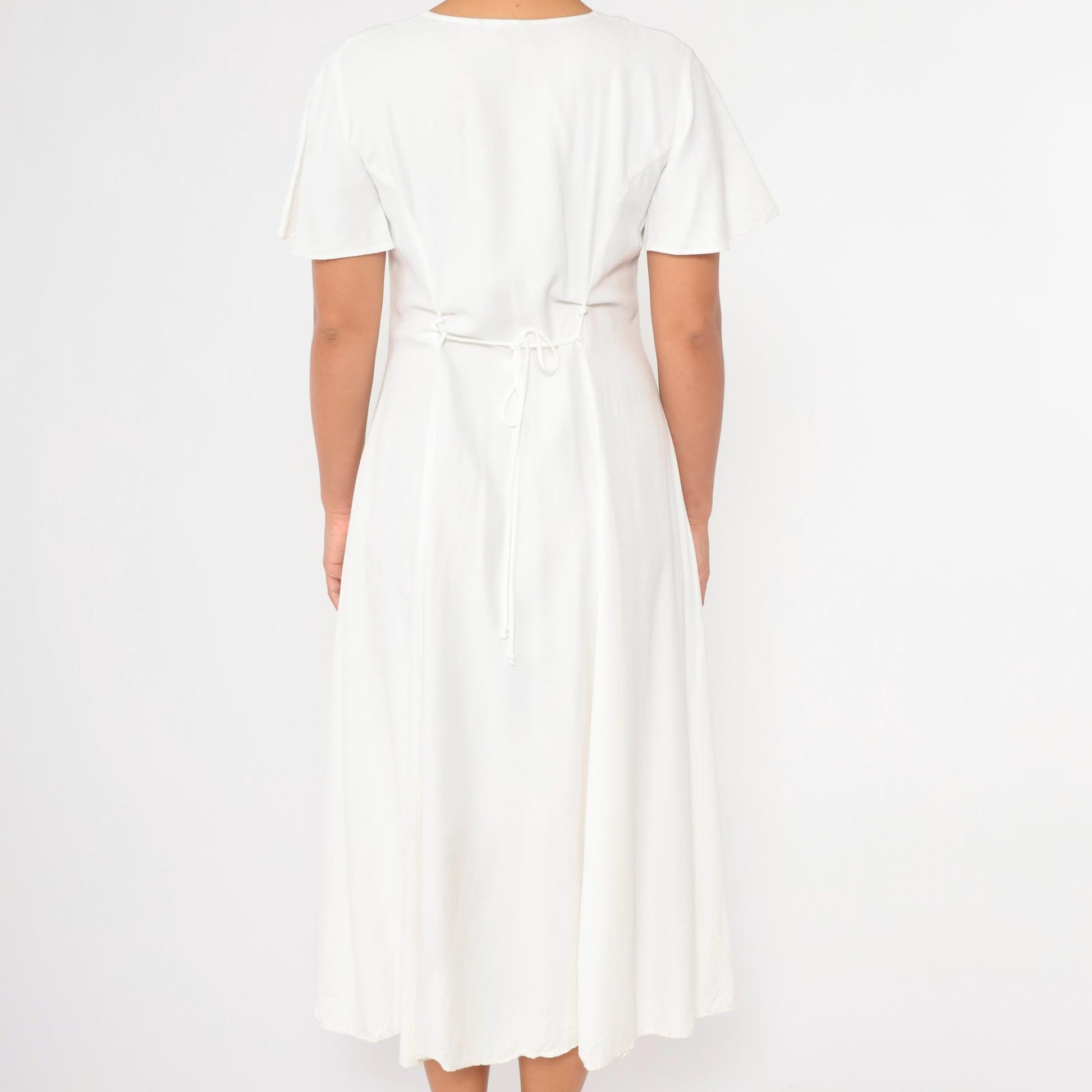 90s White Midi Dress Flutter Sleeve Lace Trim Button Up A-Line Medium