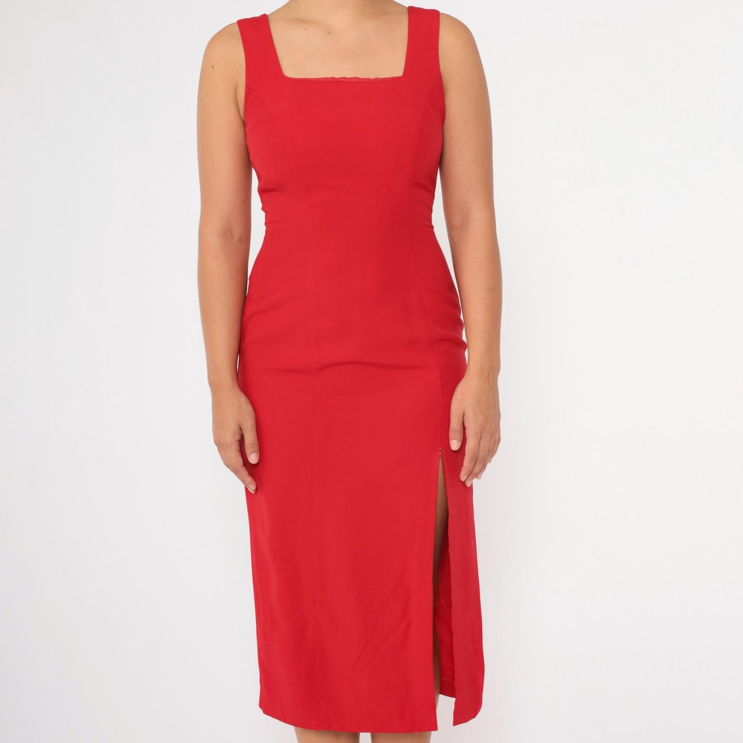 90s Joseph Ribkoff Red Midi Sheath Dress Cage Back Square Neck Small 4