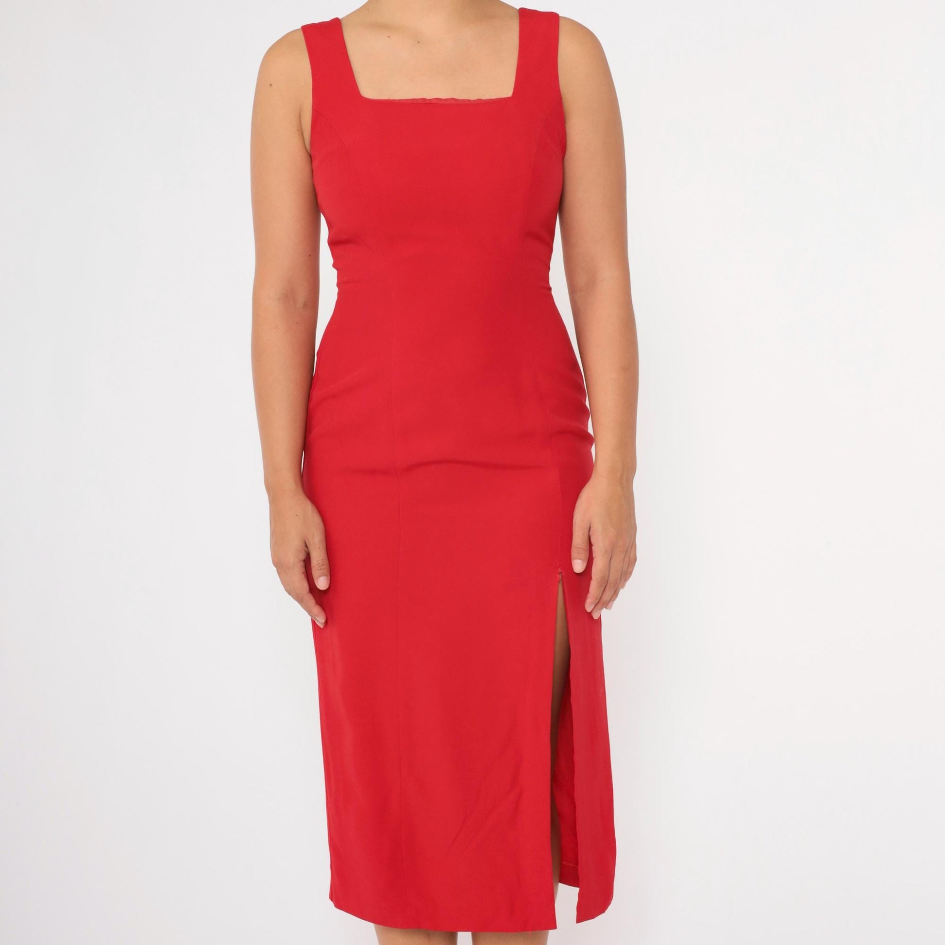 90s Joseph Ribkoff Red Midi Sheath Dress Cage Back Square Neck Small 4