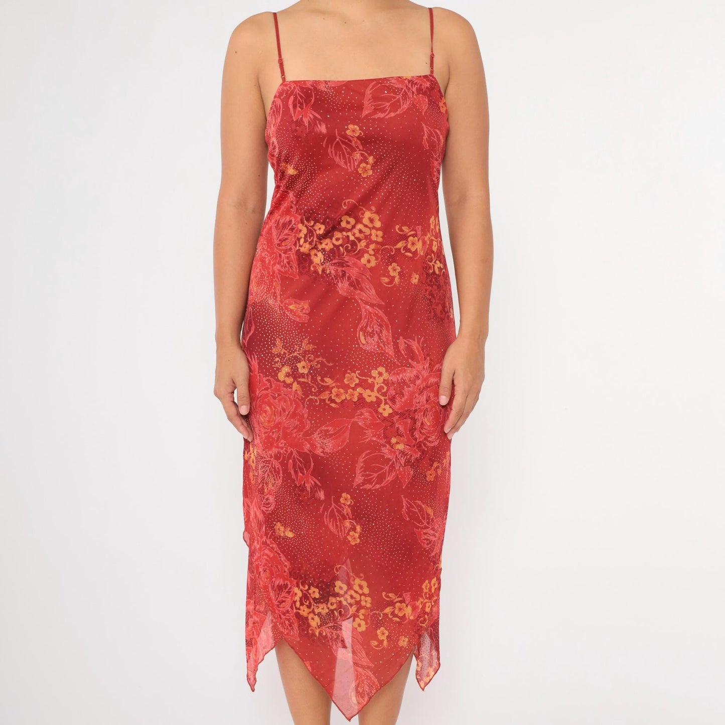 Y2K Red Floral Sparkle Chiffon Hanky Hem Midi Dress Medium
