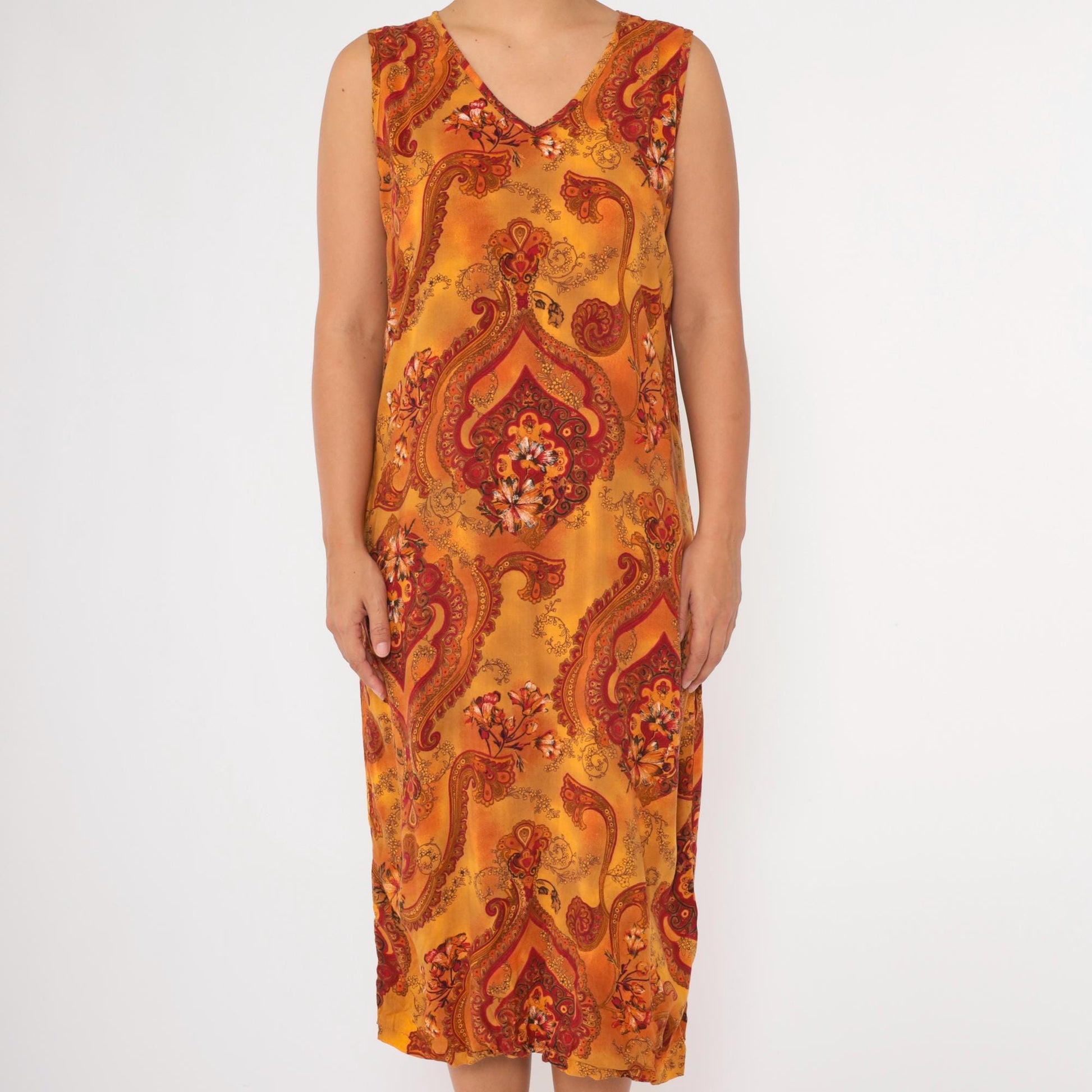 90s Floral Paisley Midi Dress Orange Red Rayon Sleeveless V-Neck Medium