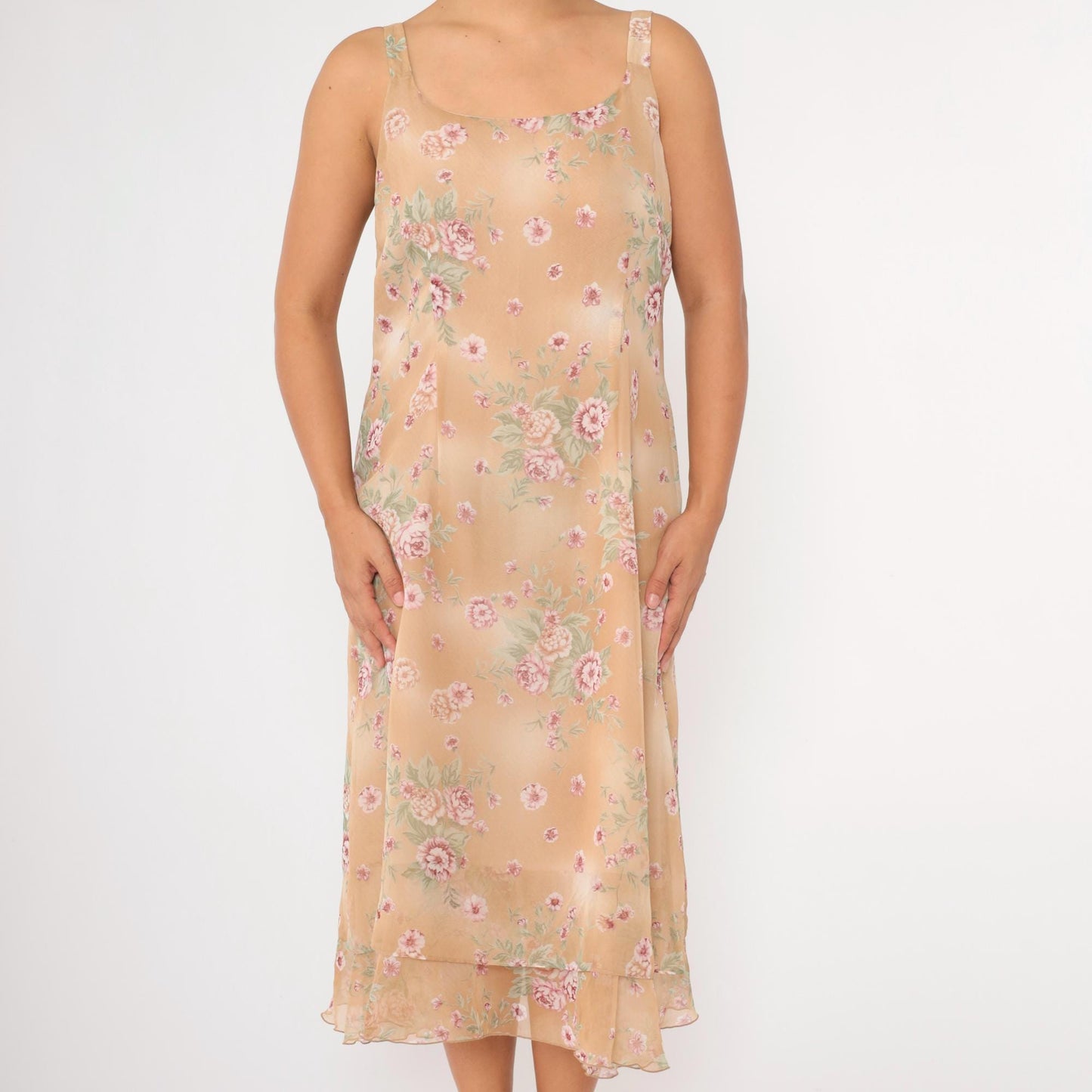 90s Sag Harbor Floral Chiffon Midi Dress Tan Tiered Sleeveless Large 14