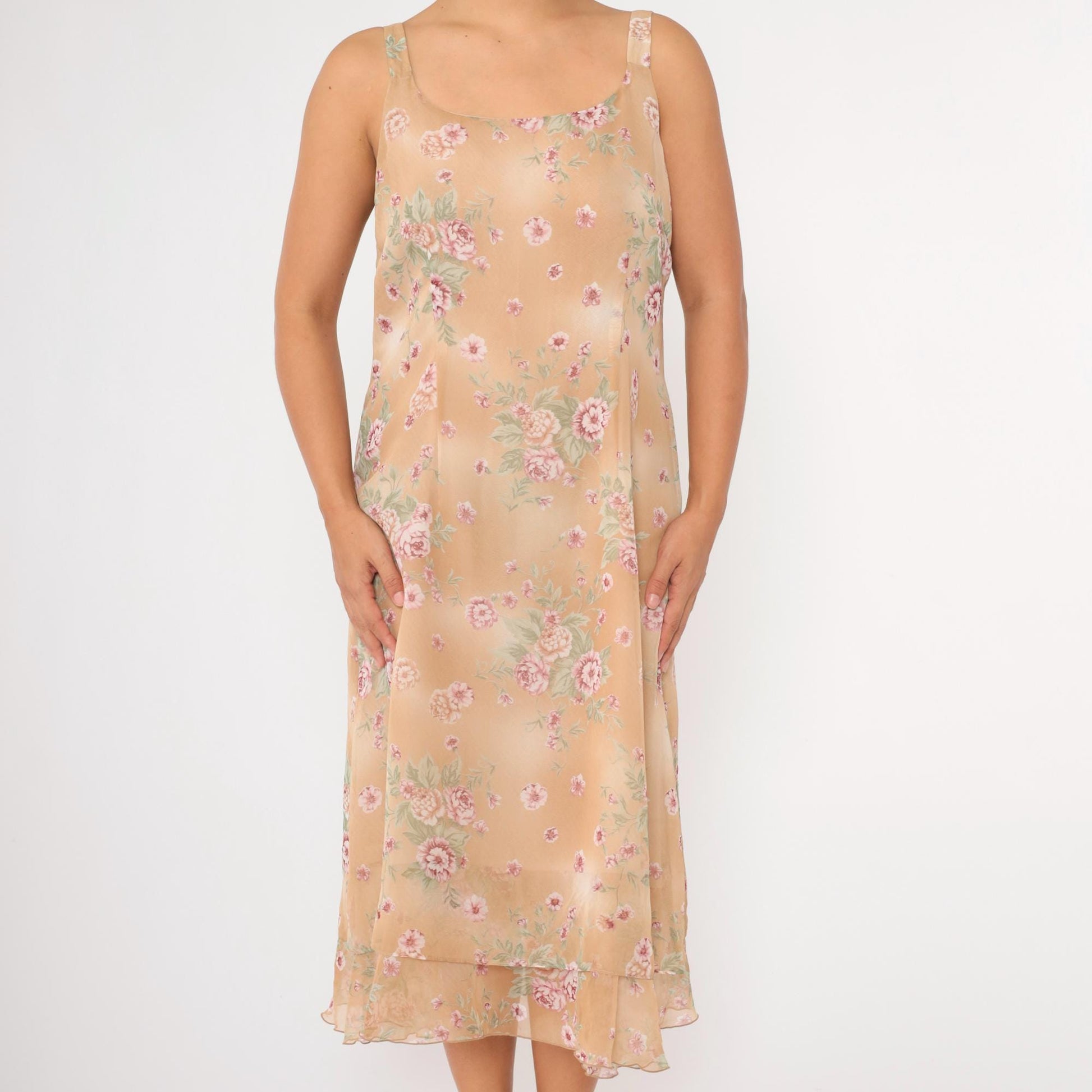 90s Sag Harbor Floral Chiffon Midi Dress Tan Tiered Sleeveless Large 14