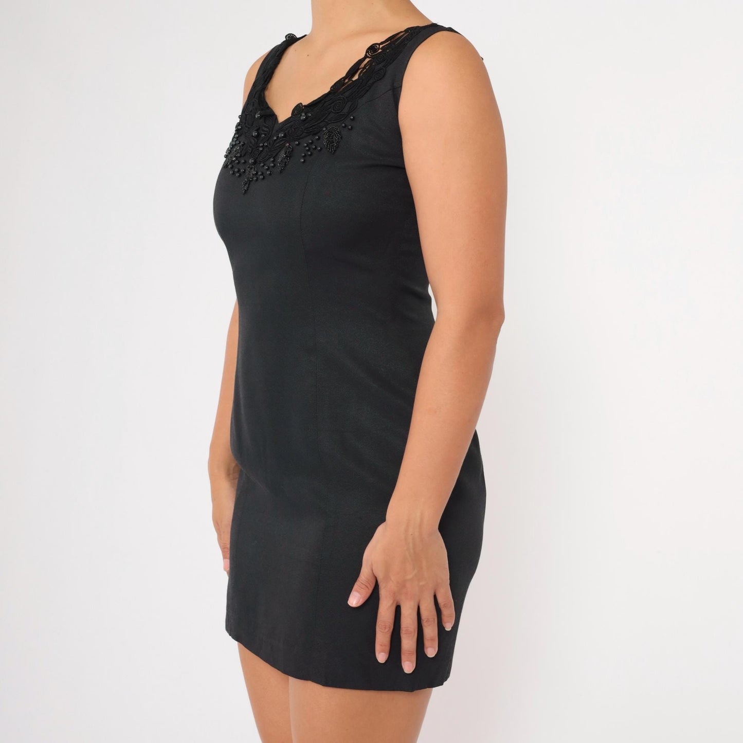 90s Nina K Black Beaded Mini Dress Lace Neckline Sheath Small