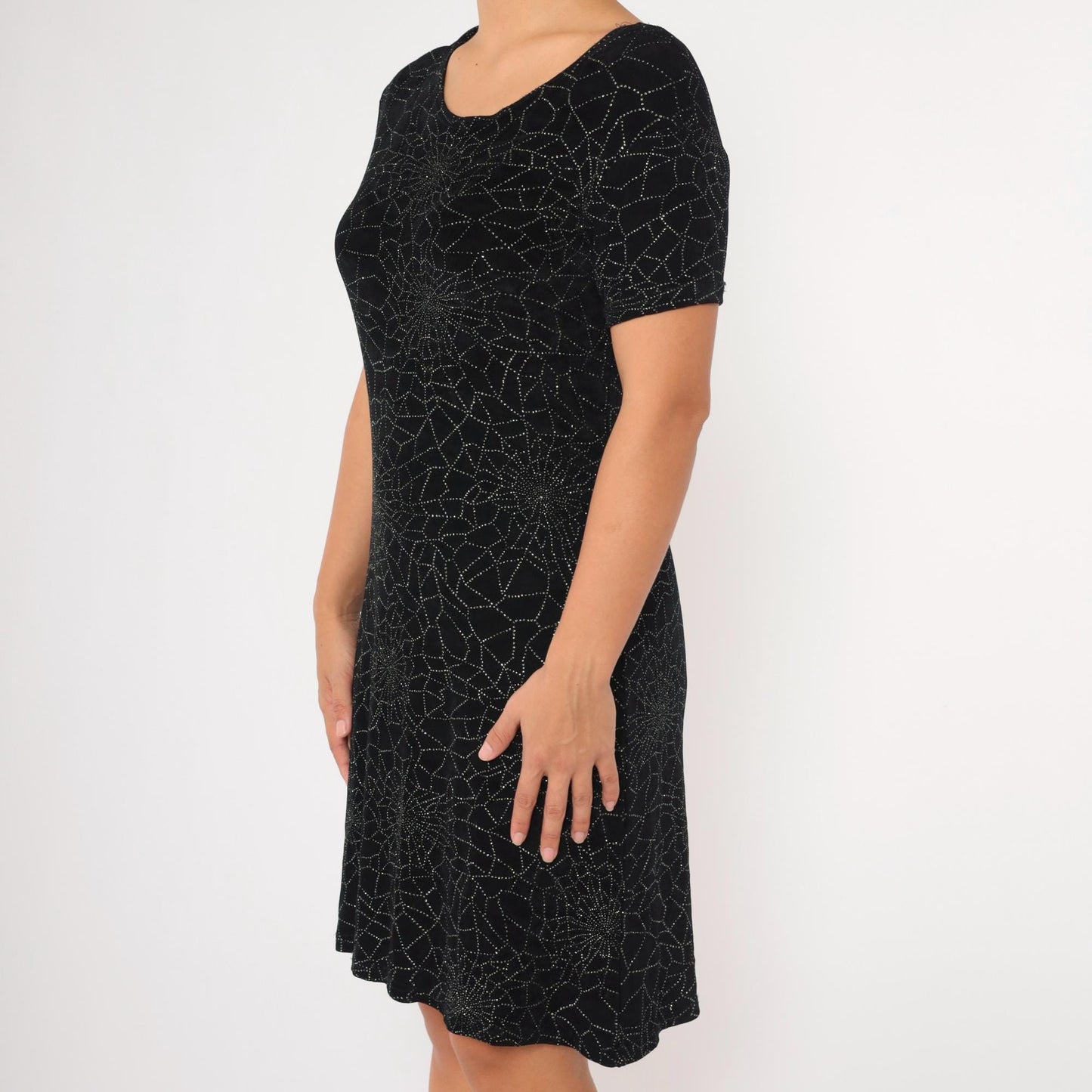90s Spiderweb Sparkle Mini Dress Black Shift Short Sleeve Large