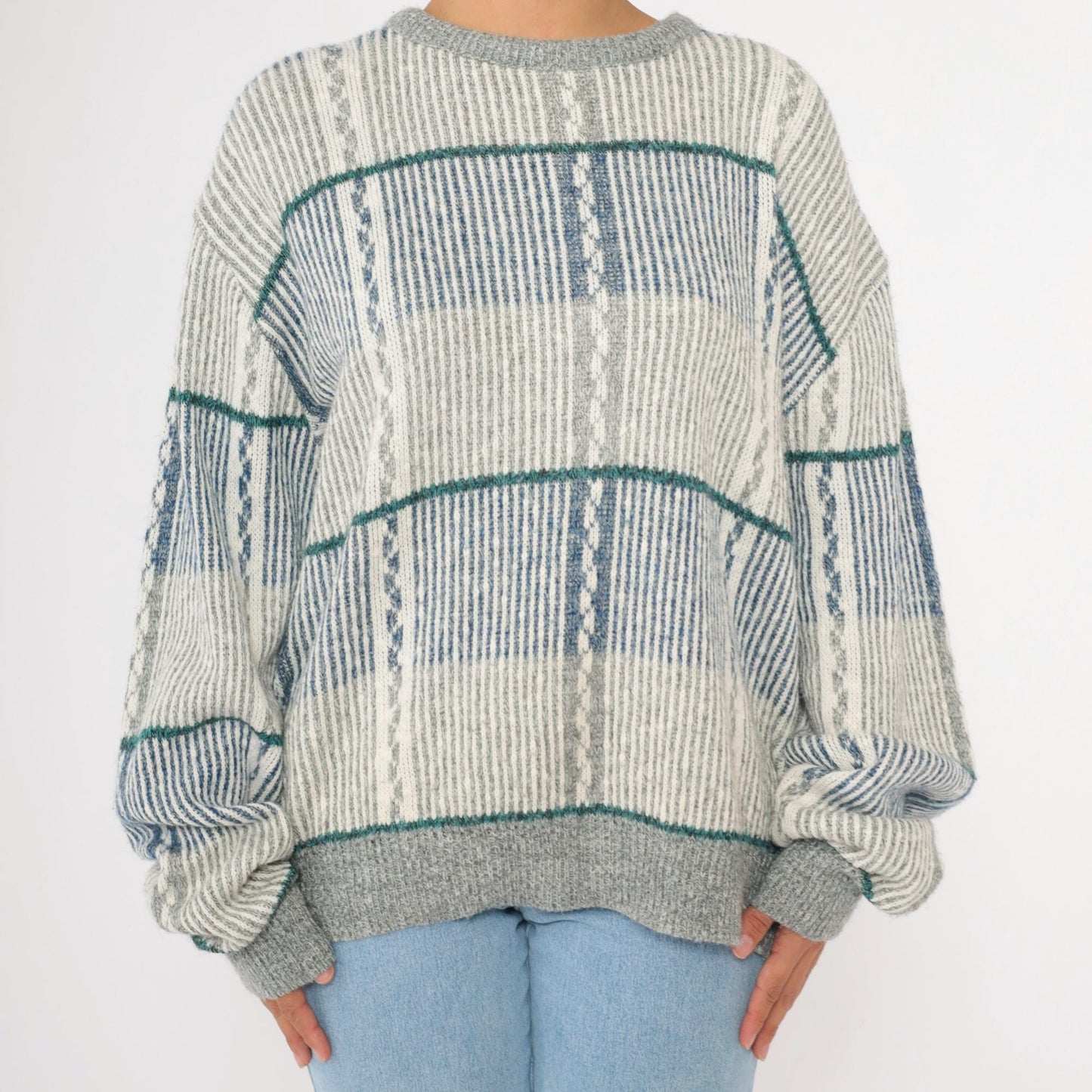 80s Striped Knit Sweater Blue Grey Pullover Extra Large XL