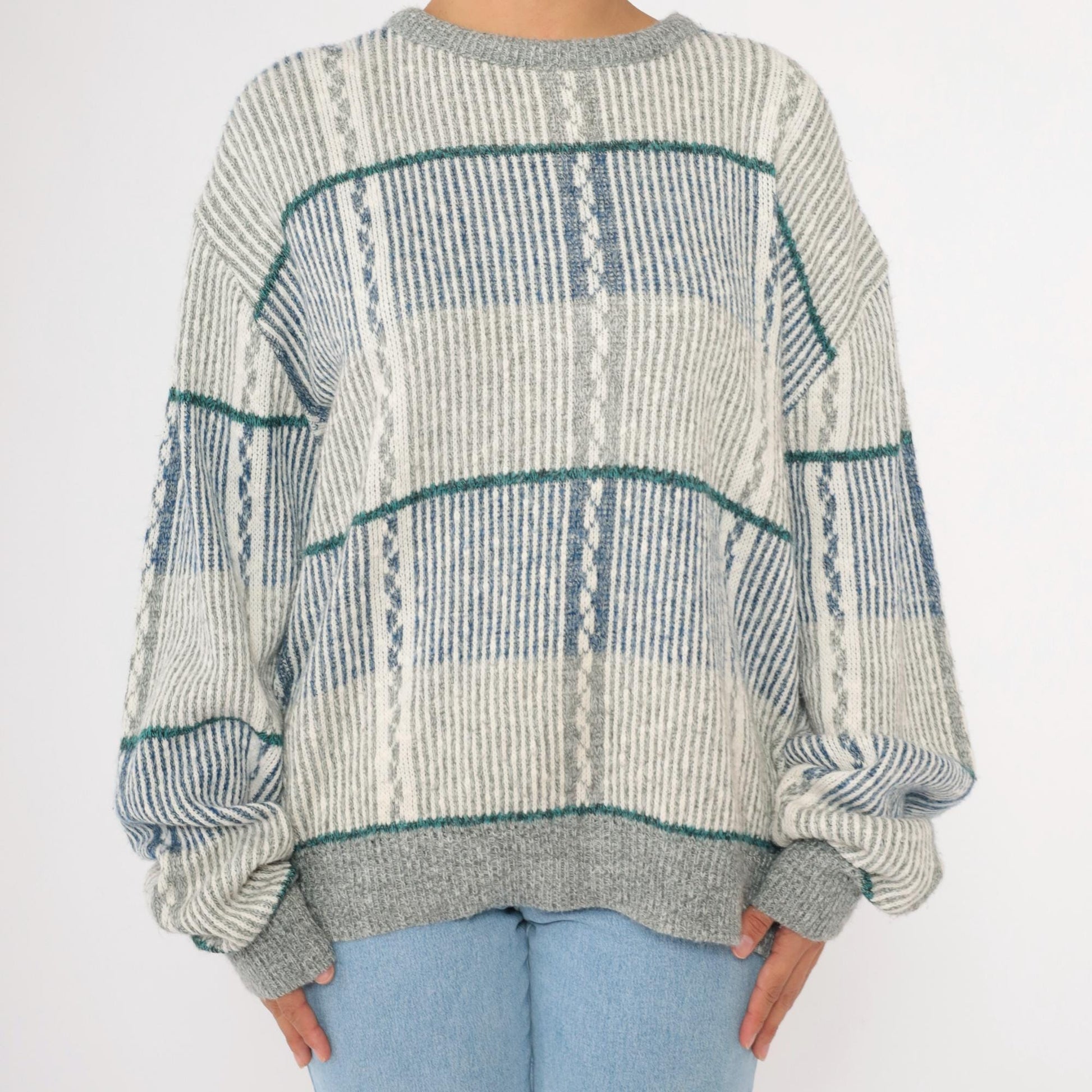 80s Striped Knit Sweater Blue Grey Pullover Extra Large XL