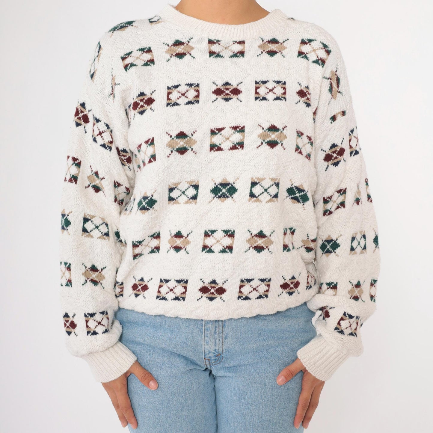 90s Argyle Sweater Off-White Cotton Crewneck Pullover Medium