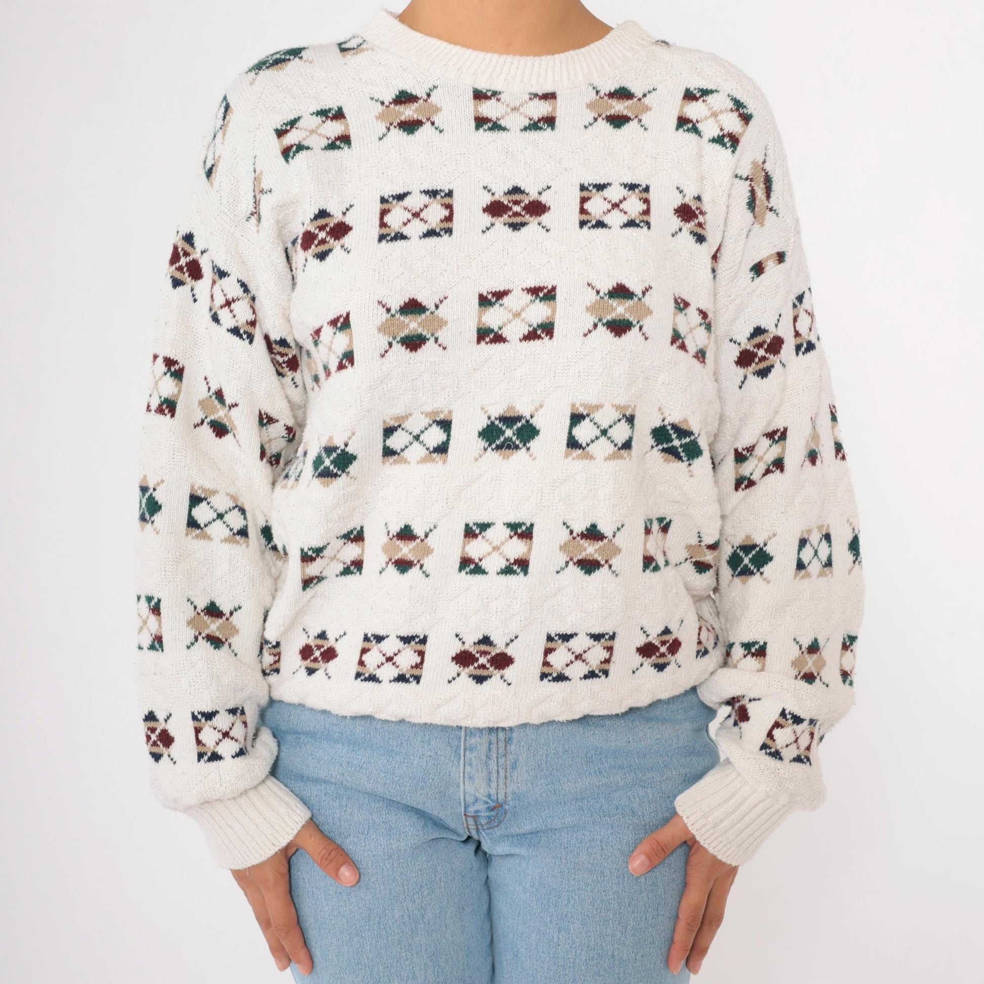 90s Argyle Sweater Off-White Cotton Crewneck Pullover Medium