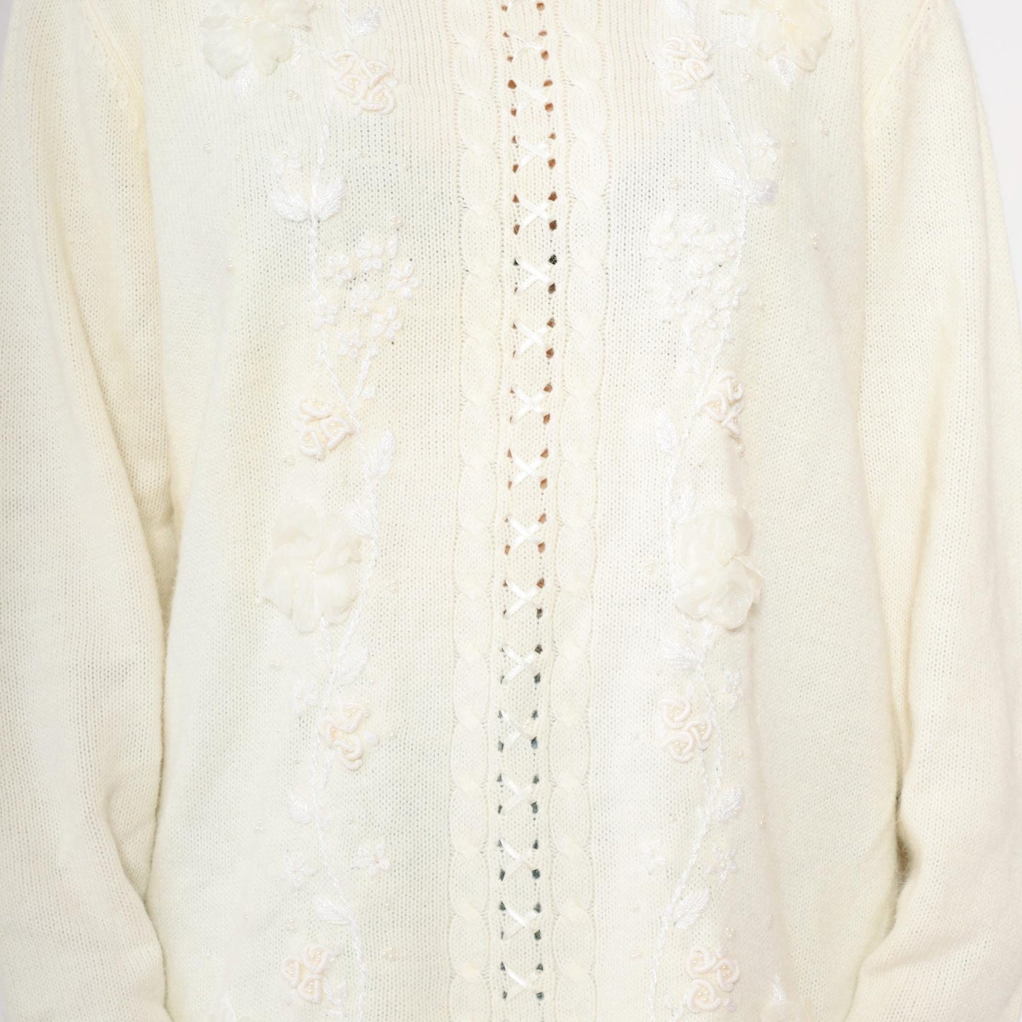 90s Koret White Cable Knit Sweater Floral Embroidered Beaded Crochet Lace Large