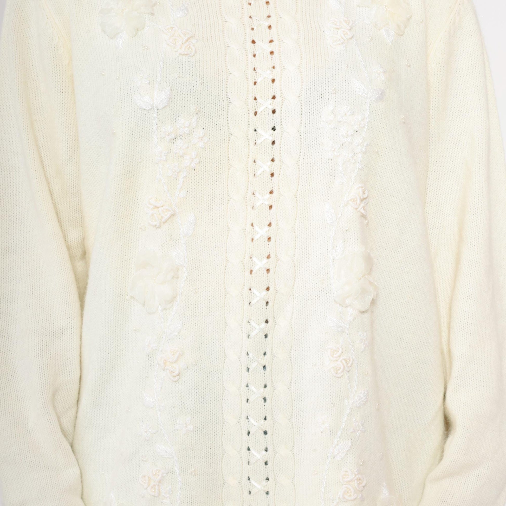 90s Koret White Cable Knit Sweater Floral Embroidered Beaded Crochet Lace Large