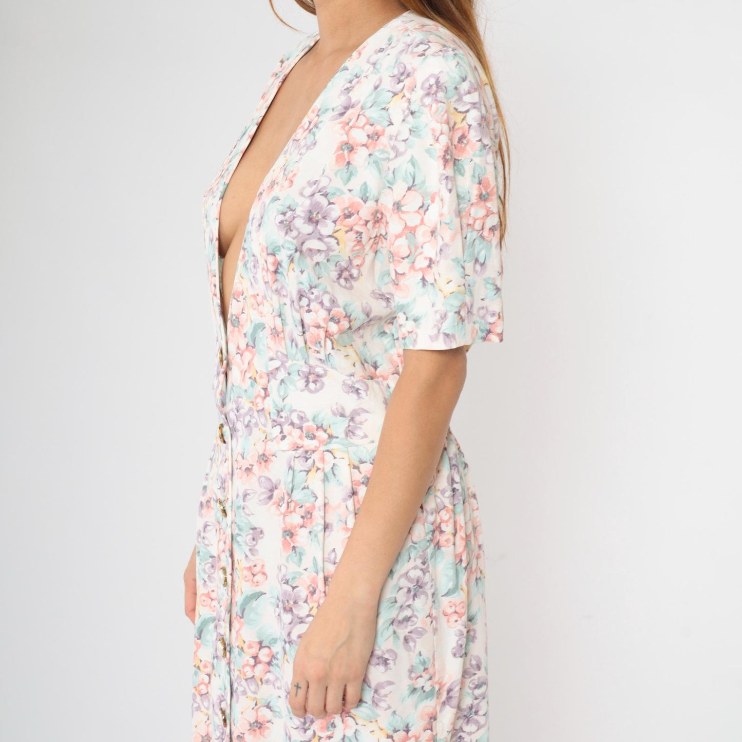 80s Caroline Wells Floral Midi Dress White Puff Sleeve Pearl Button Medium