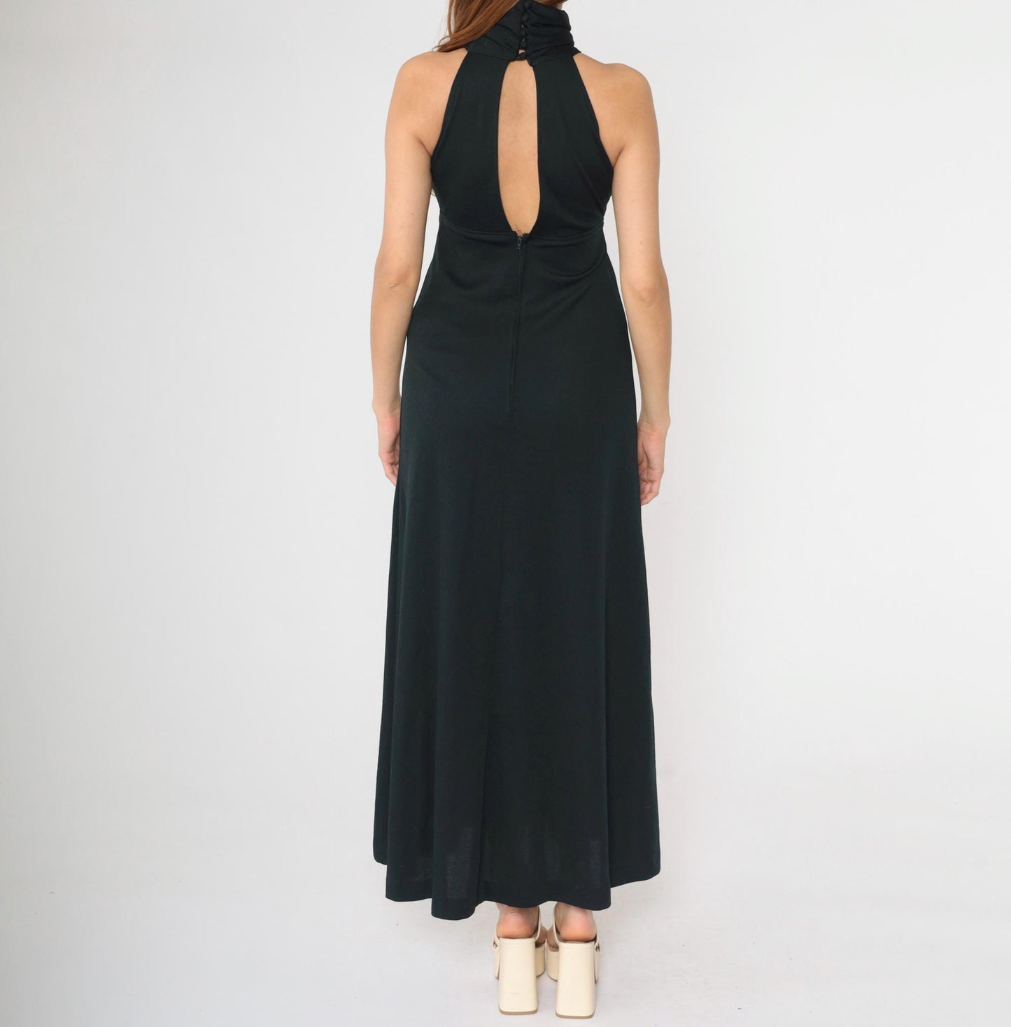 70s Black Maxi Dress Racerback Keyhole Cutout Empire Waist Turtleneck XS