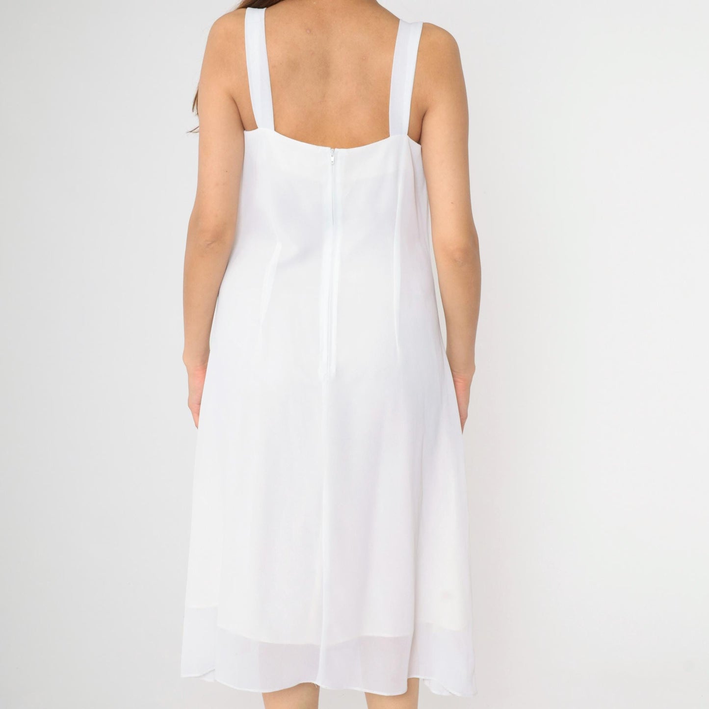 90s White Chiffon Midi Dress Floral Embroidered Cutwork Rhinestone Medium