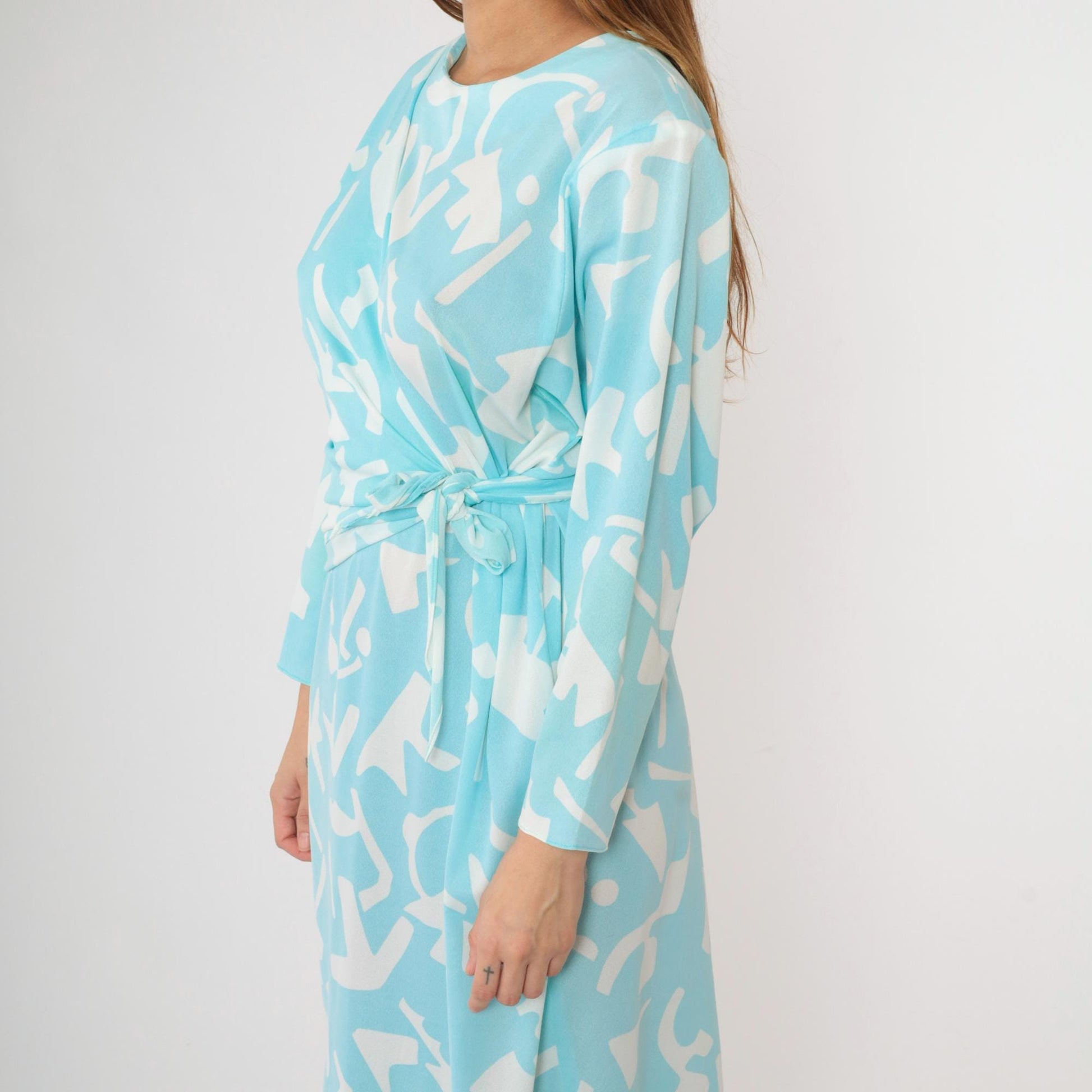 80s Blue White Abstract Geometric Dolman Sleeve Midi Dress Large L