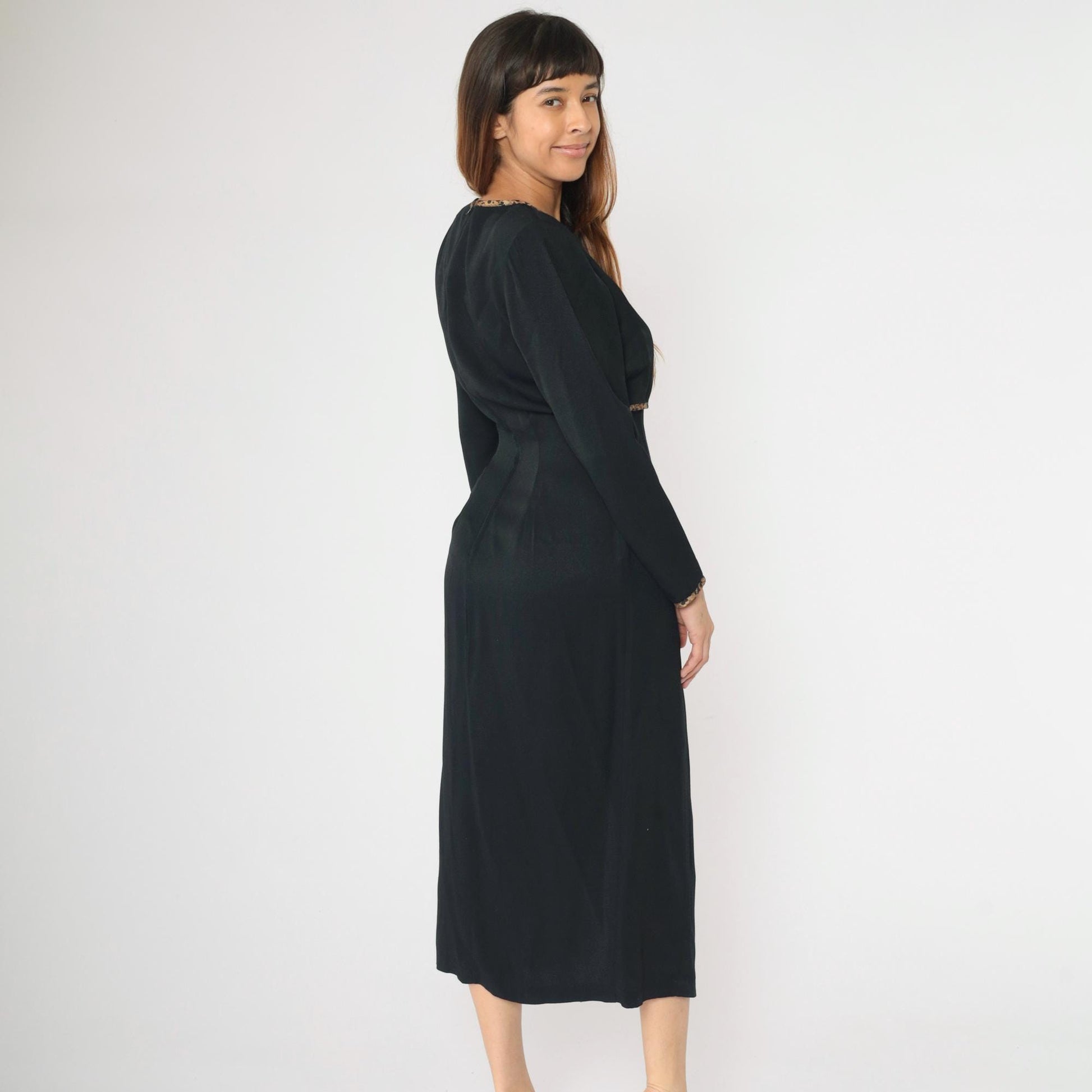 90s David Benjamin Black Midi Dress Leopard Trim High Waist Front Slit Medium