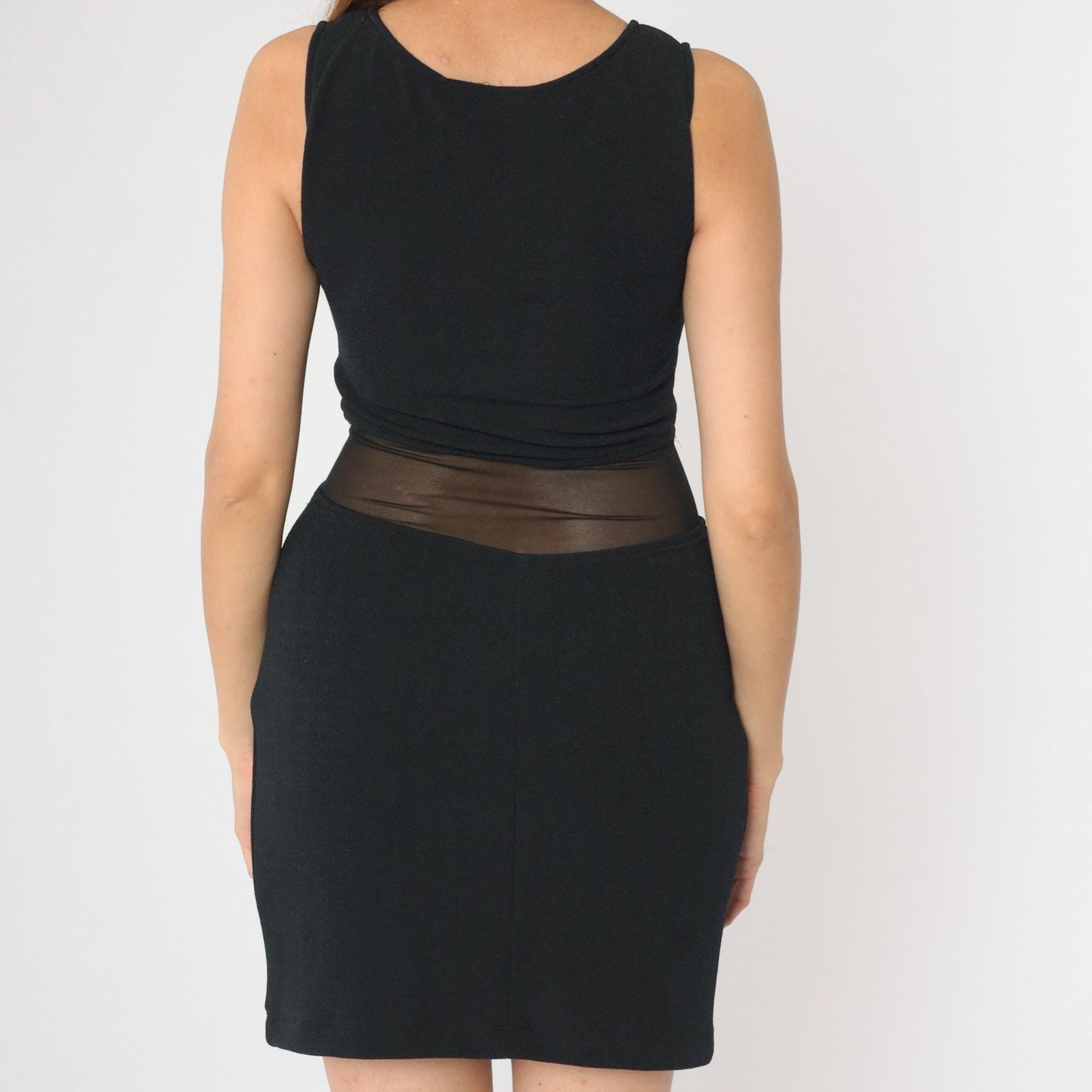 90s Black Bodycon Mini Dress Sheer Mesh Waist Cut Out Sleeveless Small