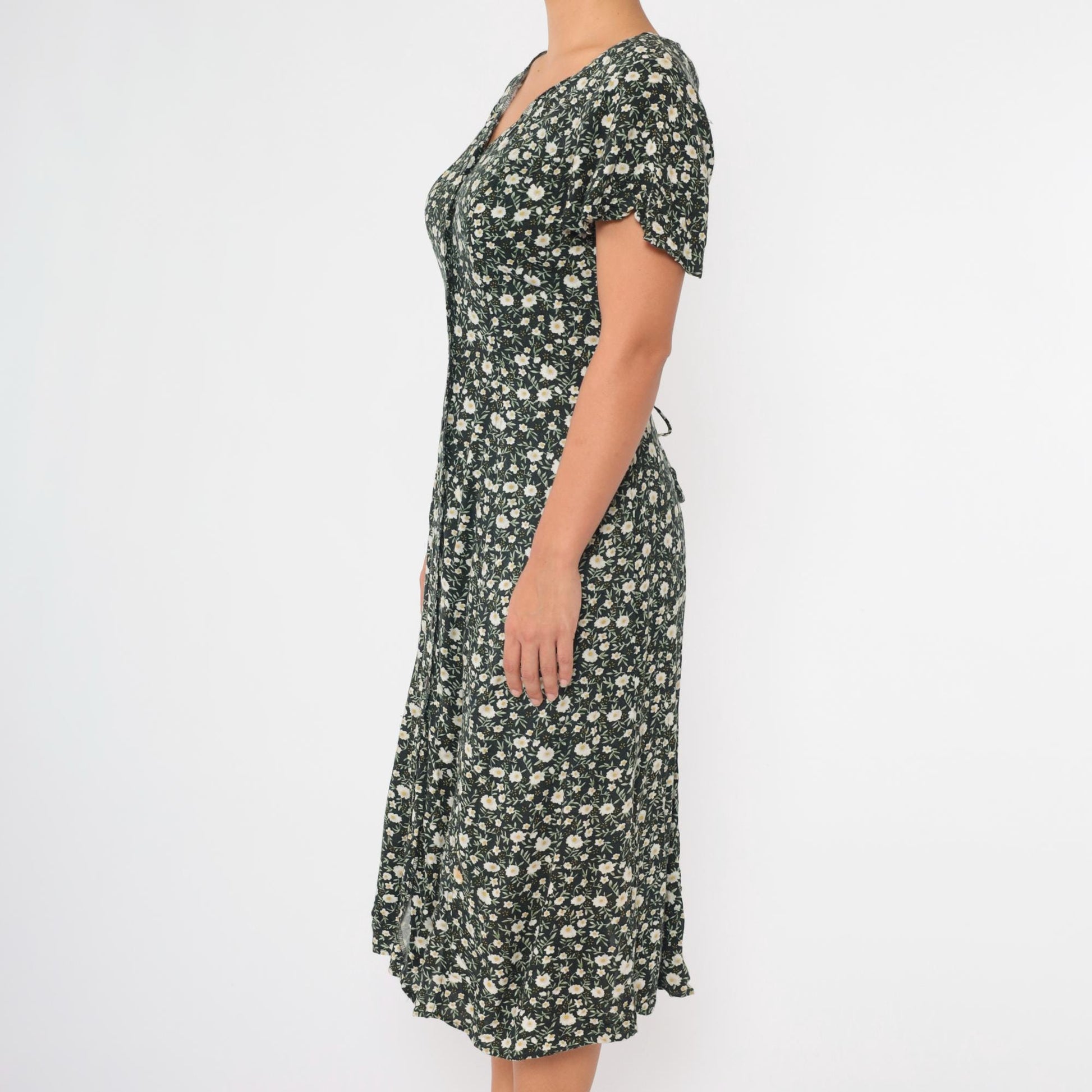 90s Black Floral Midi Dress Flutter Sleeve Button-Up Green White Small S