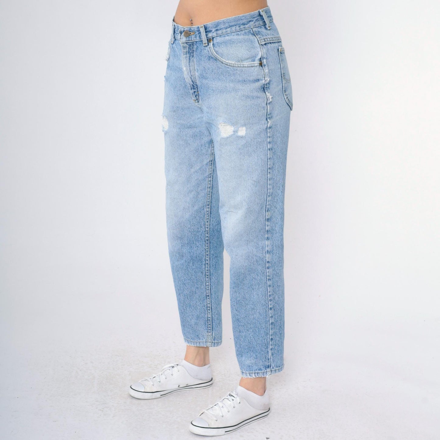 90s Lee High-Waist Tapered Jeans Light Wash Distressed Rips Medium