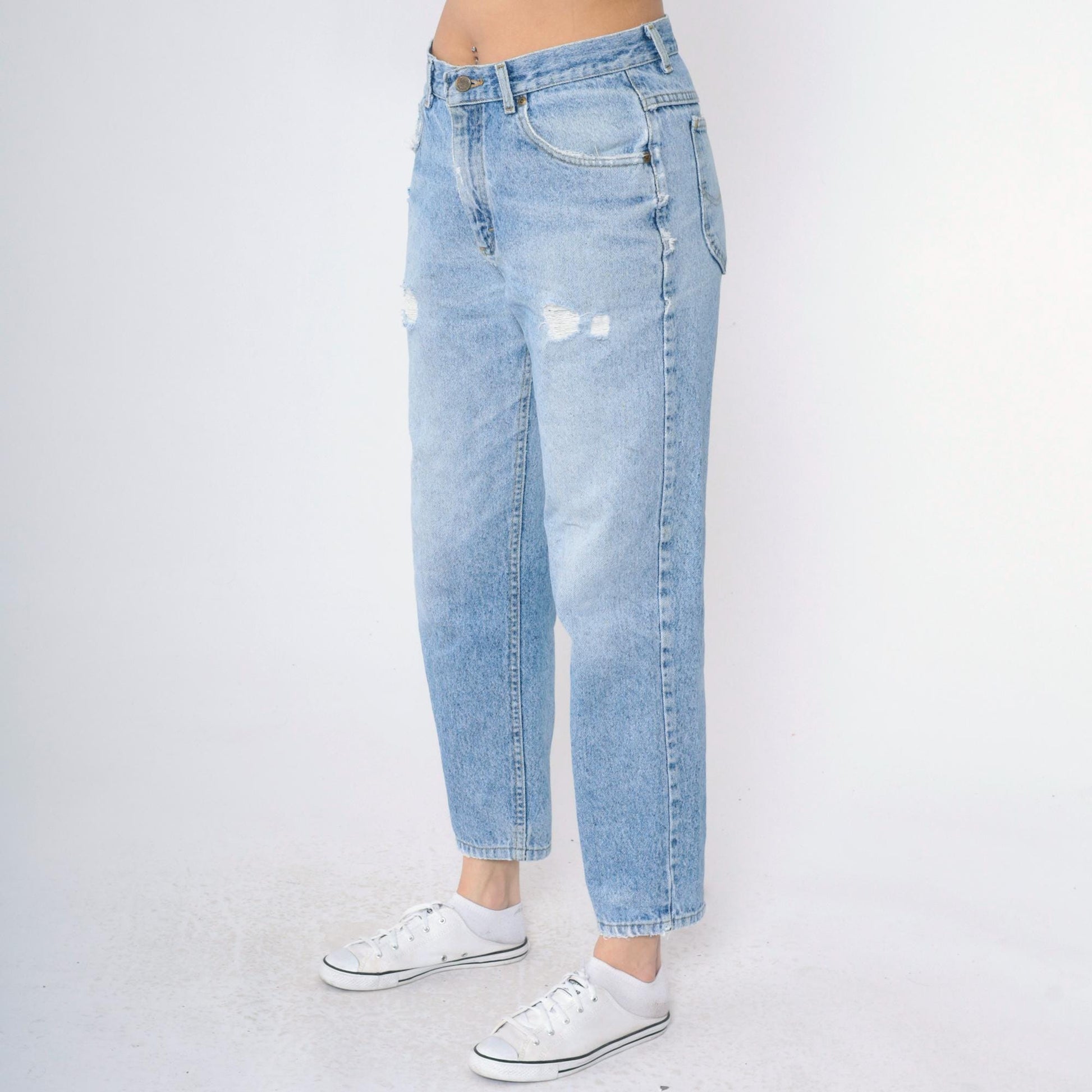 90s Lee High-Waist Tapered Jeans Light Wash Distressed Rips Medium