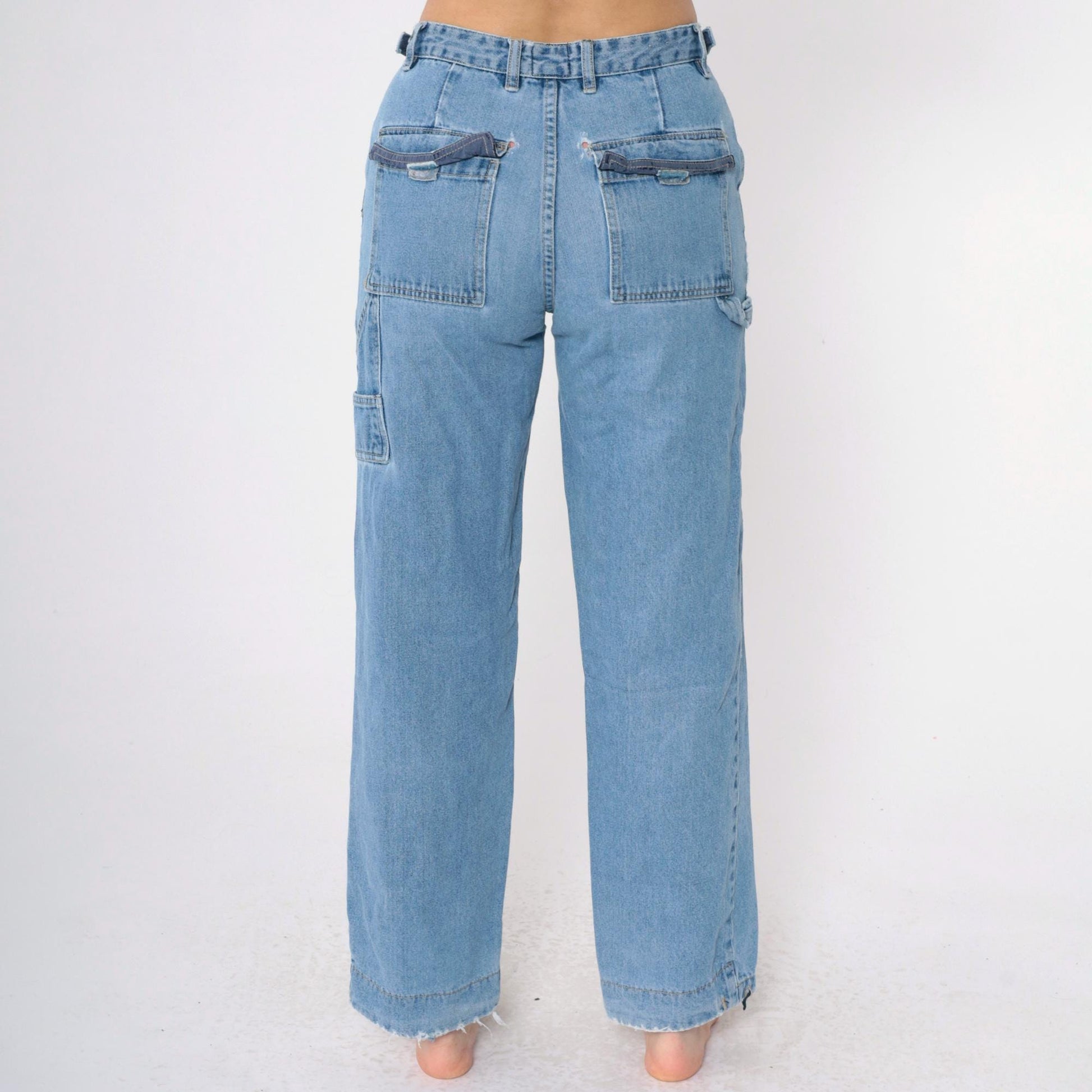00s Rue21 Cargo Jeans Blue Denim Straight Leg Mid Rise Small 27