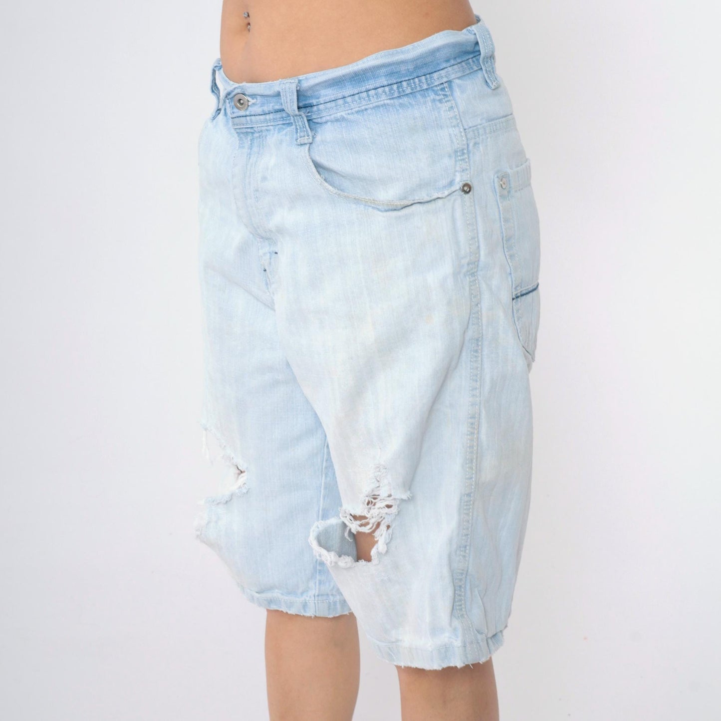 Y2K South Pole Denim Shorts Light Wash Ripped High Waist Knee Length 32