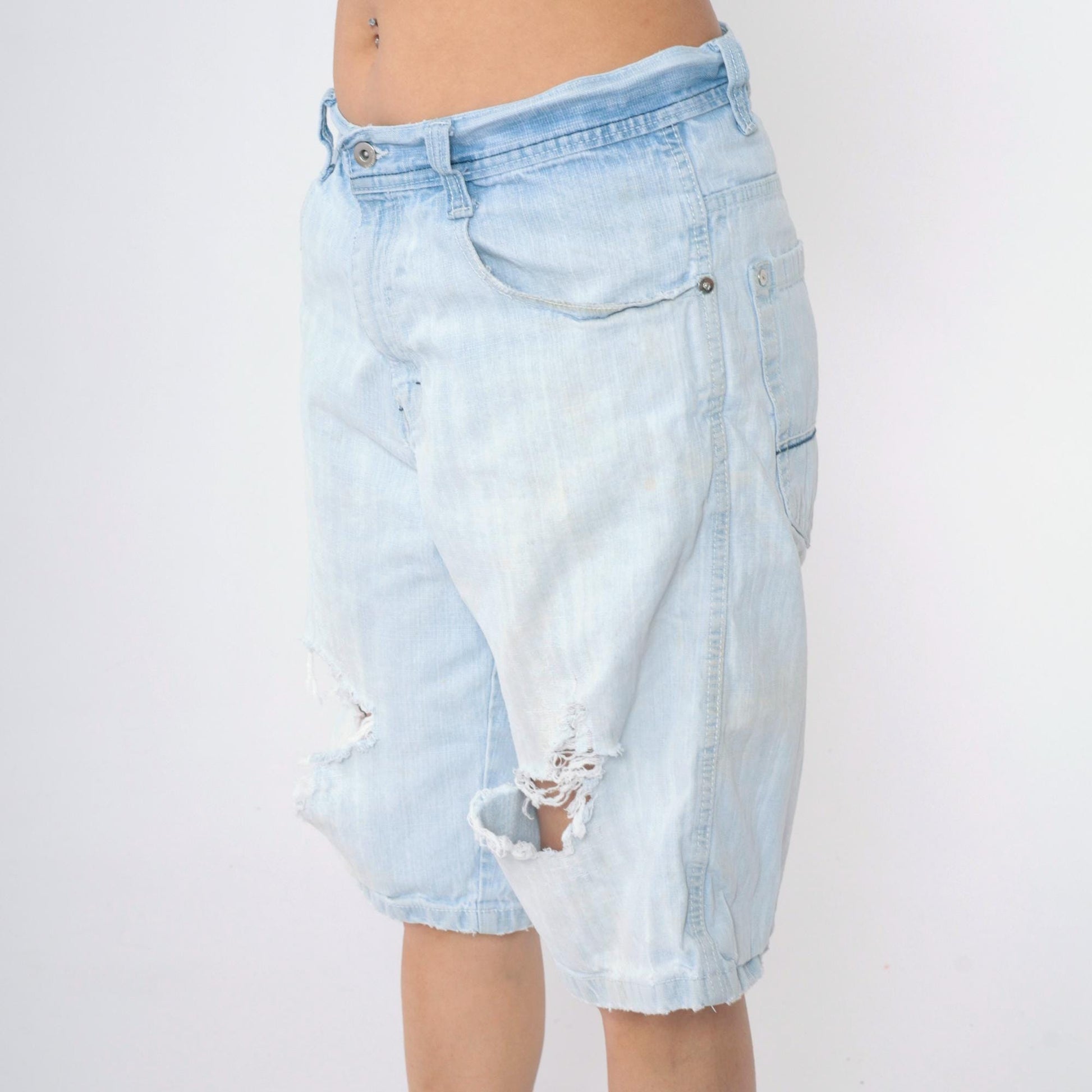 Y2K South Pole Denim Shorts Light Wash Ripped High Waist Knee Length 32
