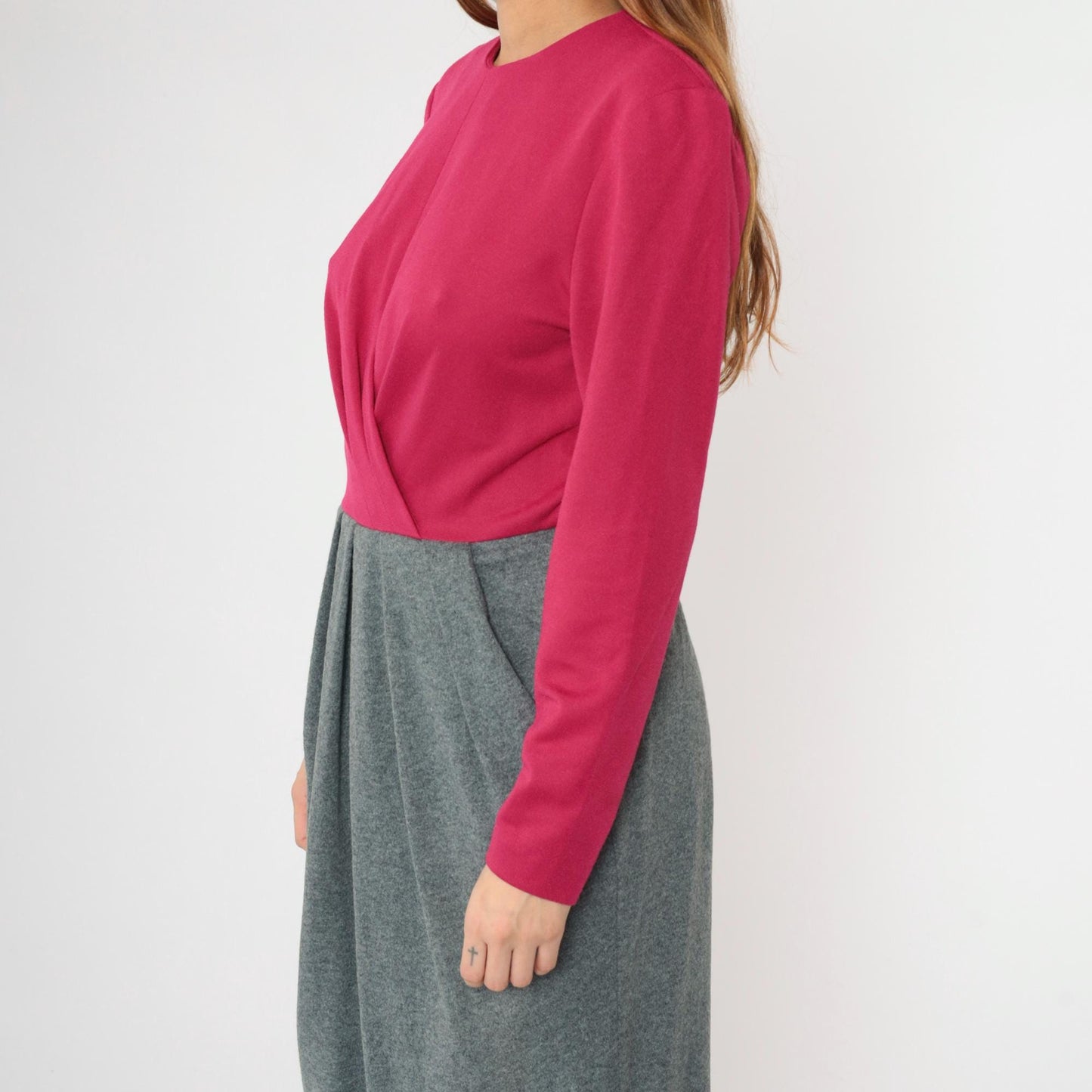 80s Leslie Fay Two-Tone Midi Dress Fuchsia Grey Pleated Small