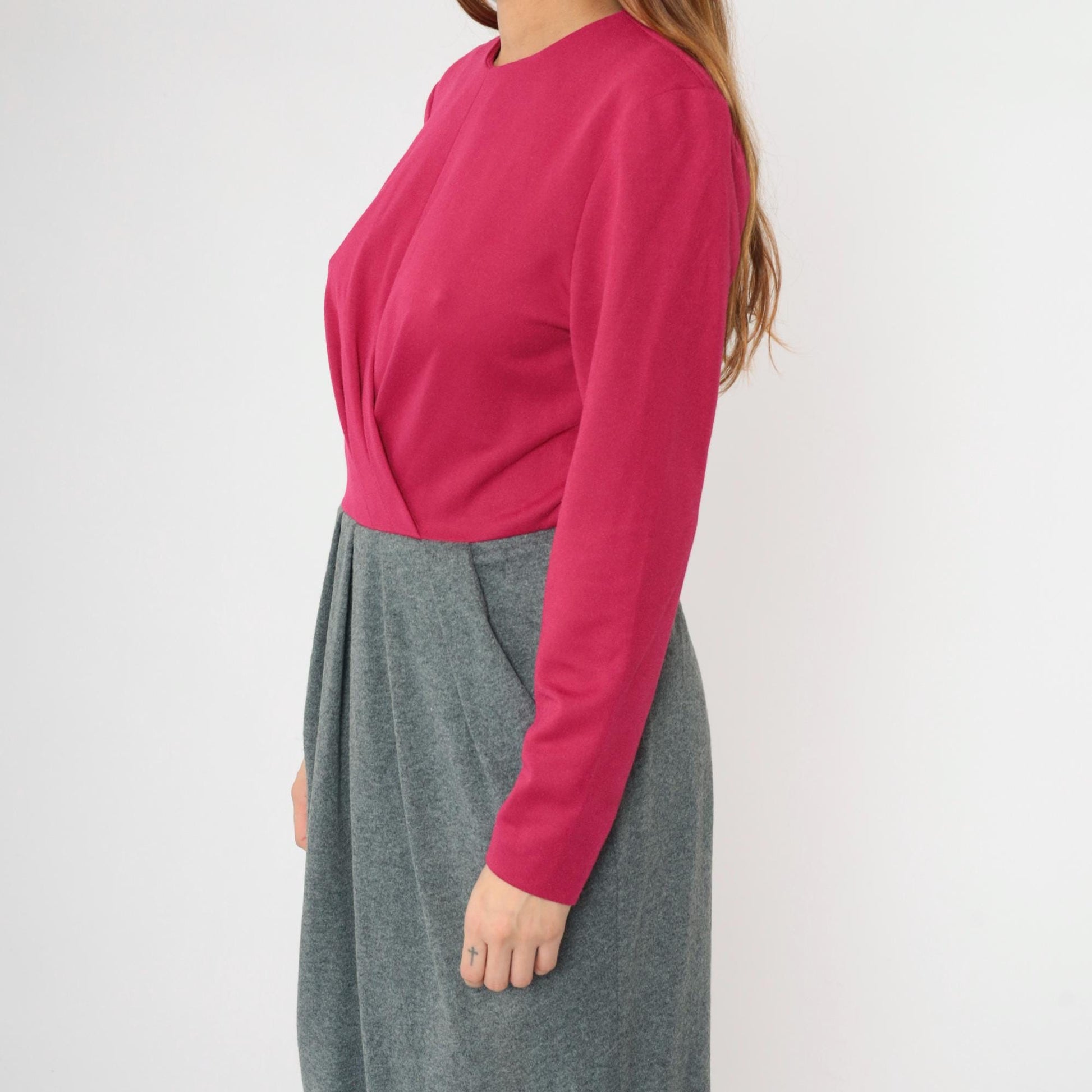 80s Leslie Fay Two-Tone Midi Dress Fuchsia Grey Pleated Small