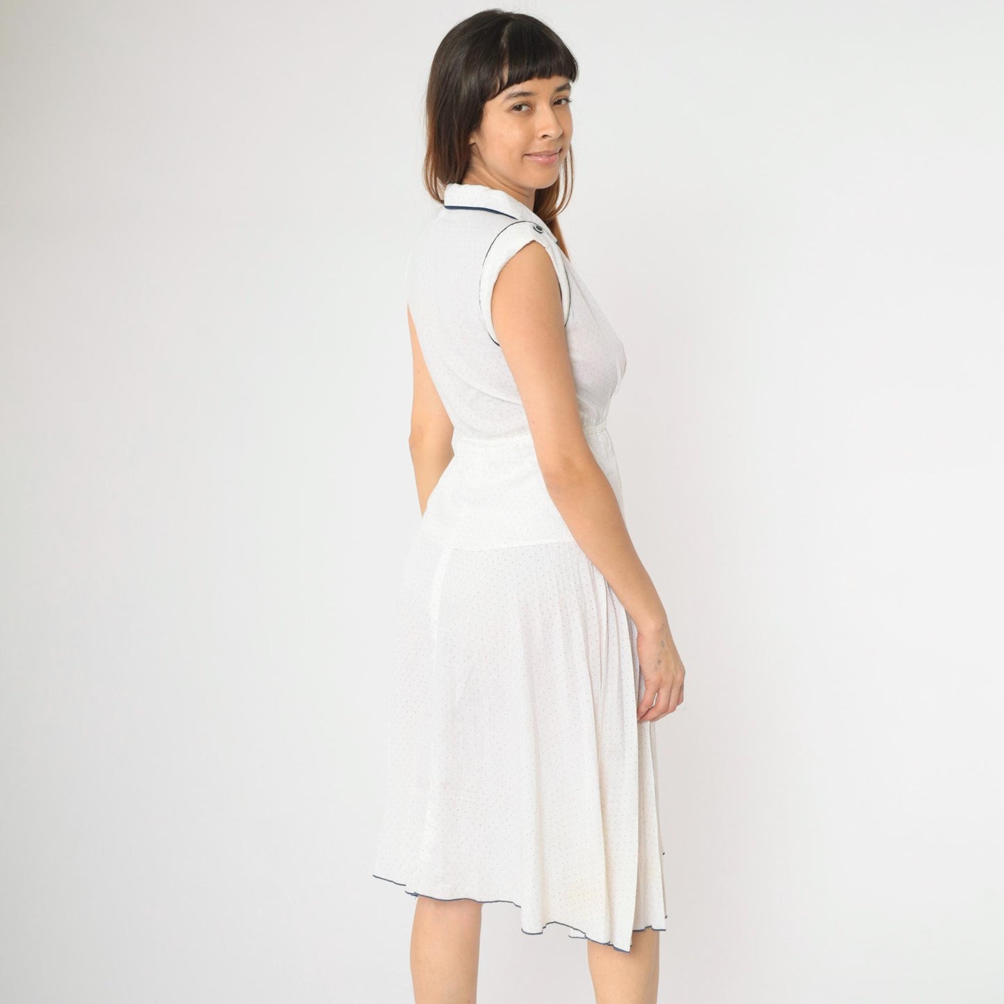 70s White Polka Dot Midi Dress Navy Piping Cap Sleeve Peplum Extra Small XS