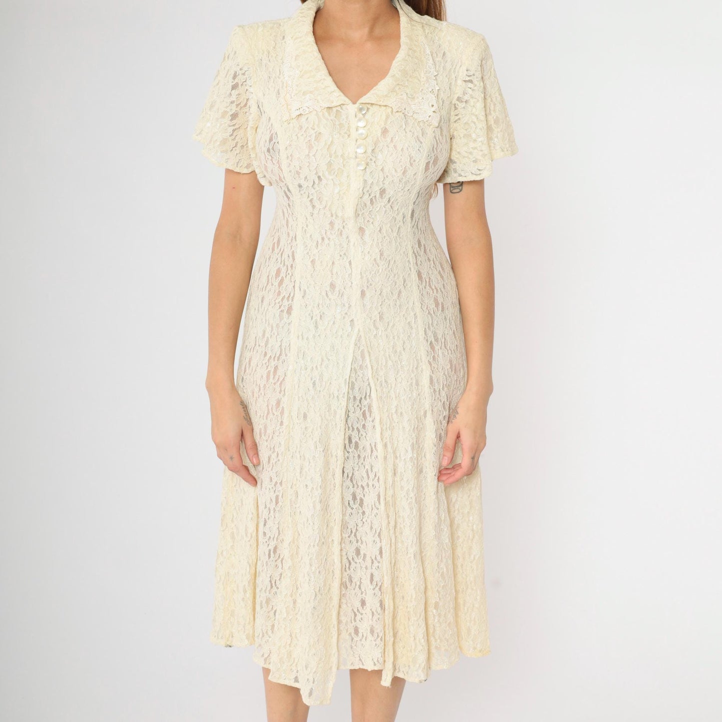 90s Cream Lace Midi Dress Short Sleeve Button Front Sheer Small S