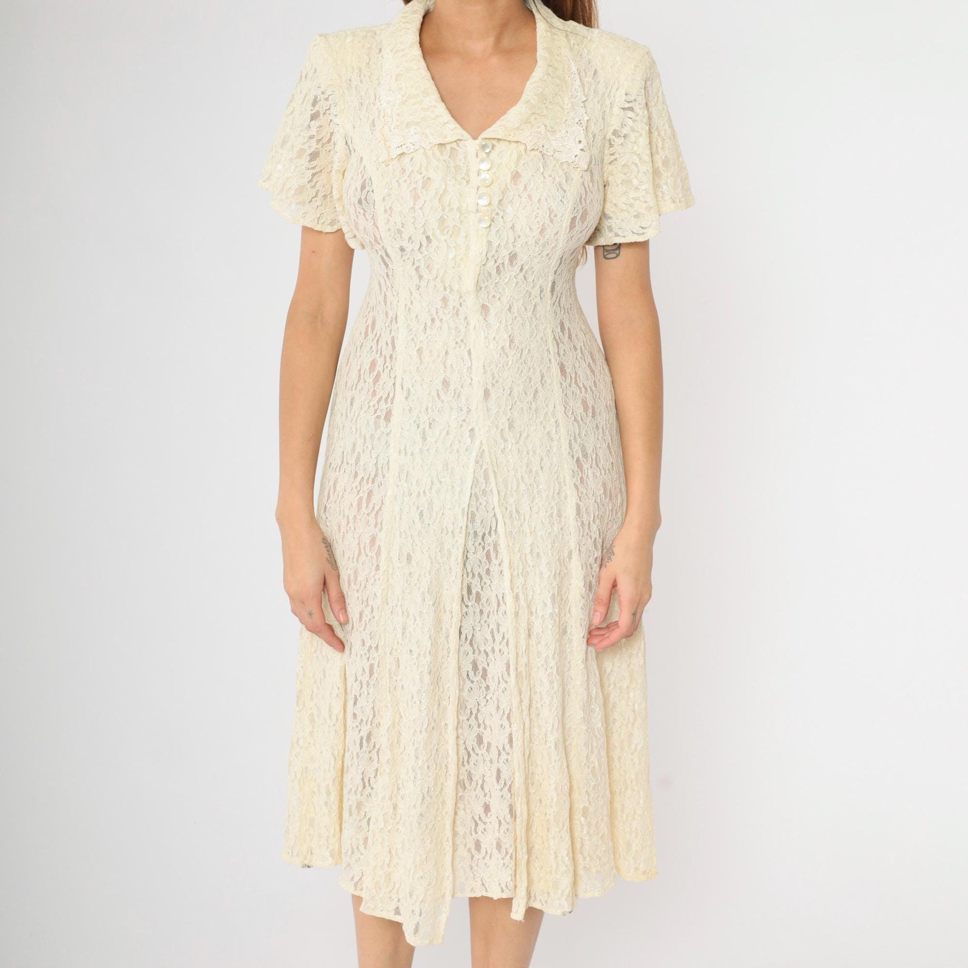 90s Cream Lace Midi Dress Short Sleeve Button Front Sheer Small S