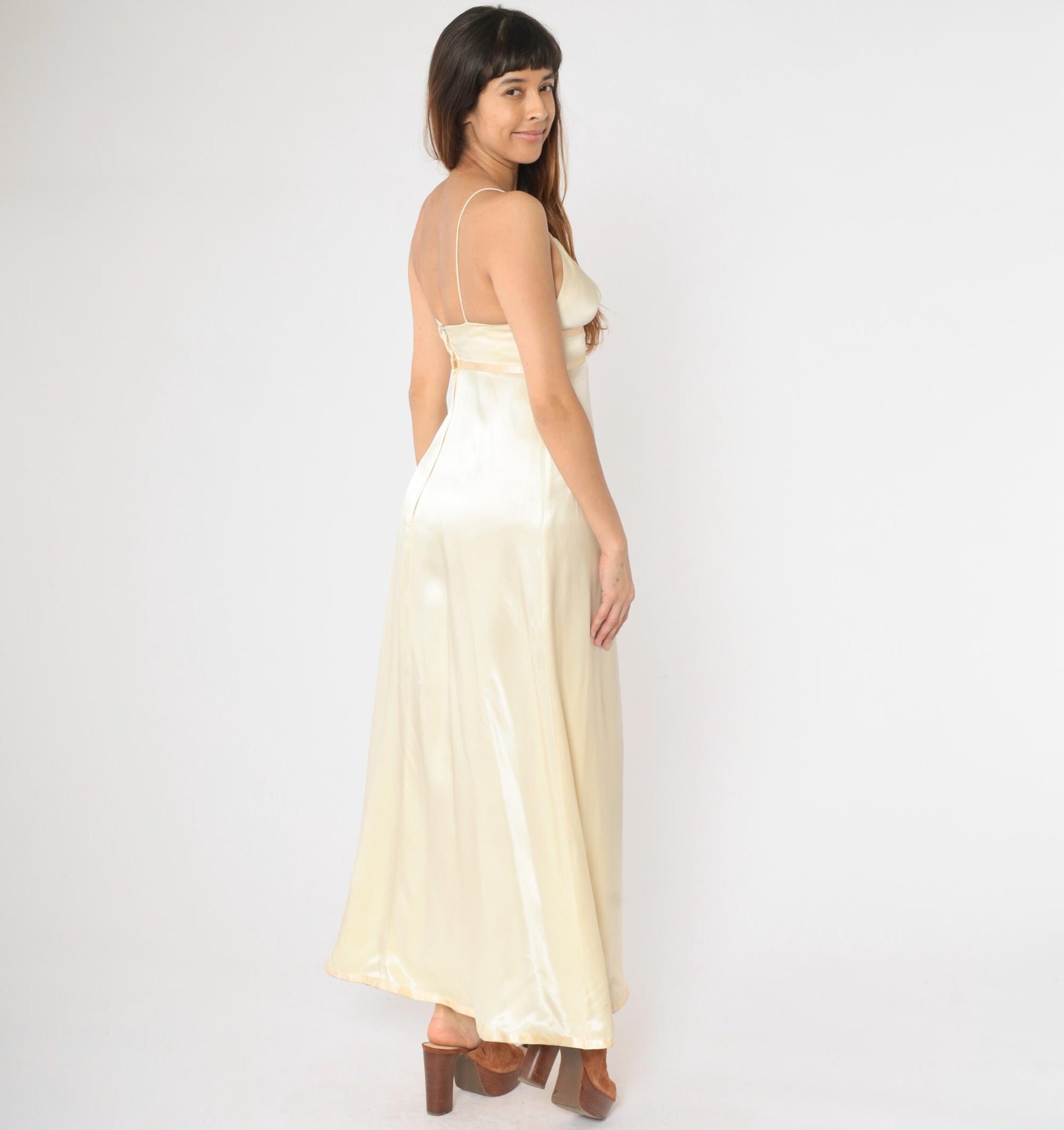 70s Gunne Sax Cream Satin Maxi Dress Floral Embroidered Empire Waist Extra Small