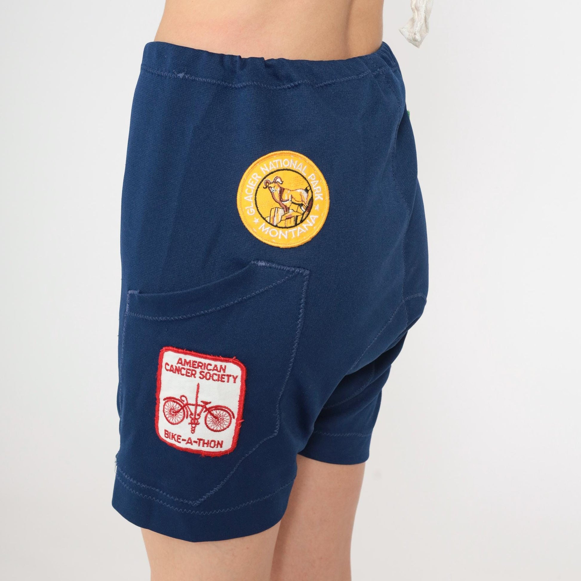 80s Navy Cycling Shorts National Park Patches High Waist Leather Chamois Medium