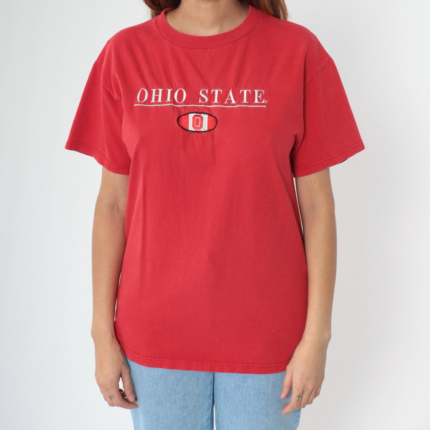 90s Ohio State Buckeyes Football Embroidered T-Shirt Red Medium