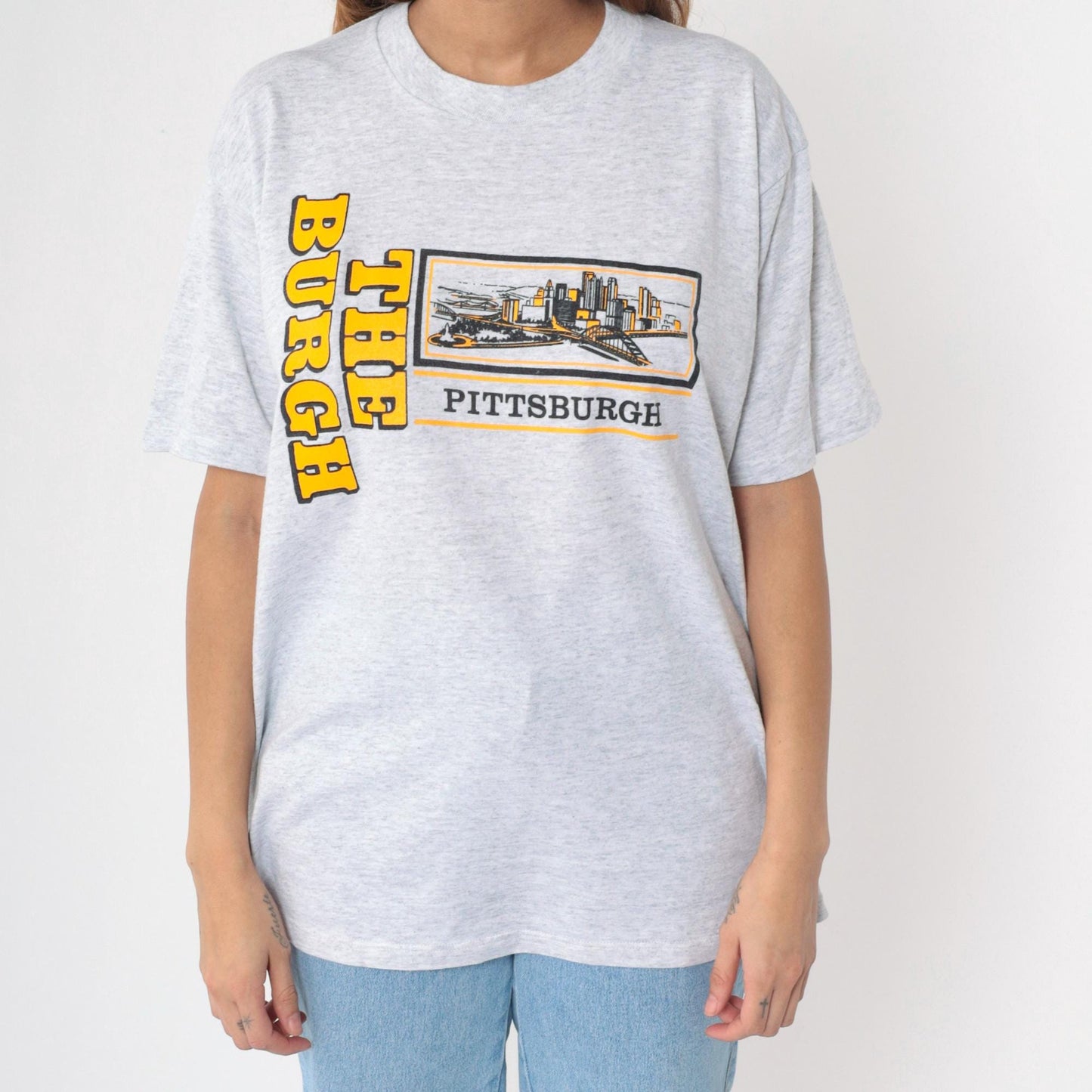 90s Pittsburgh Cityscape Graphic T-Shirt Grey The Burgh Jerzees Extra Large