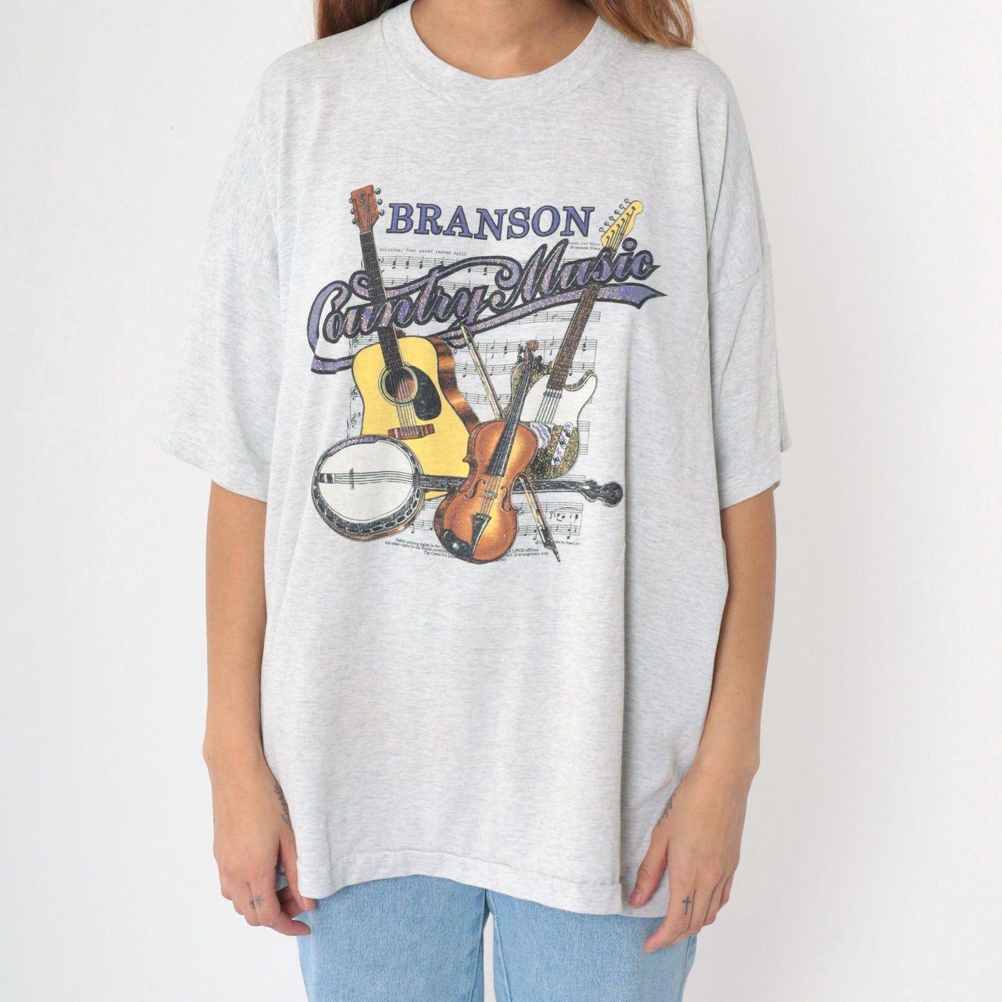 90s Branson Missouri Country Music Graphic T-Shirt Glitter Guitar Banjo Violin Grey Extra Extra Large XXL