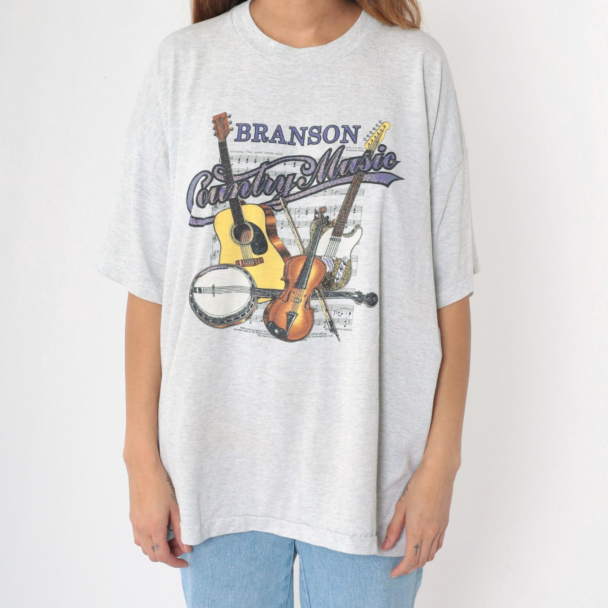 90s Branson Missouri Country Music Graphic T-Shirt Glitter Guitar Banjo Violin Grey Extra Extra Large XXL