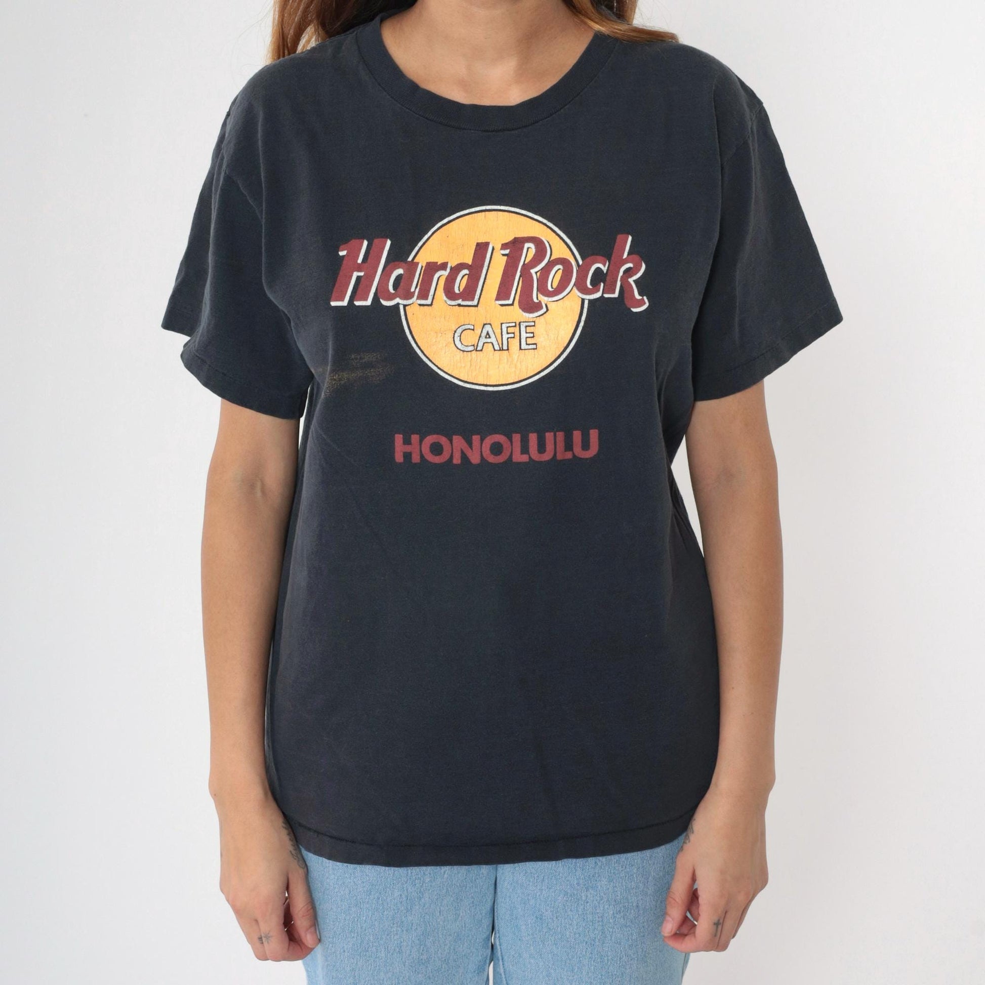 90s Hard Rock Cafe Honolulu Graphic T-Shirt Black Single Stitch Medium M
