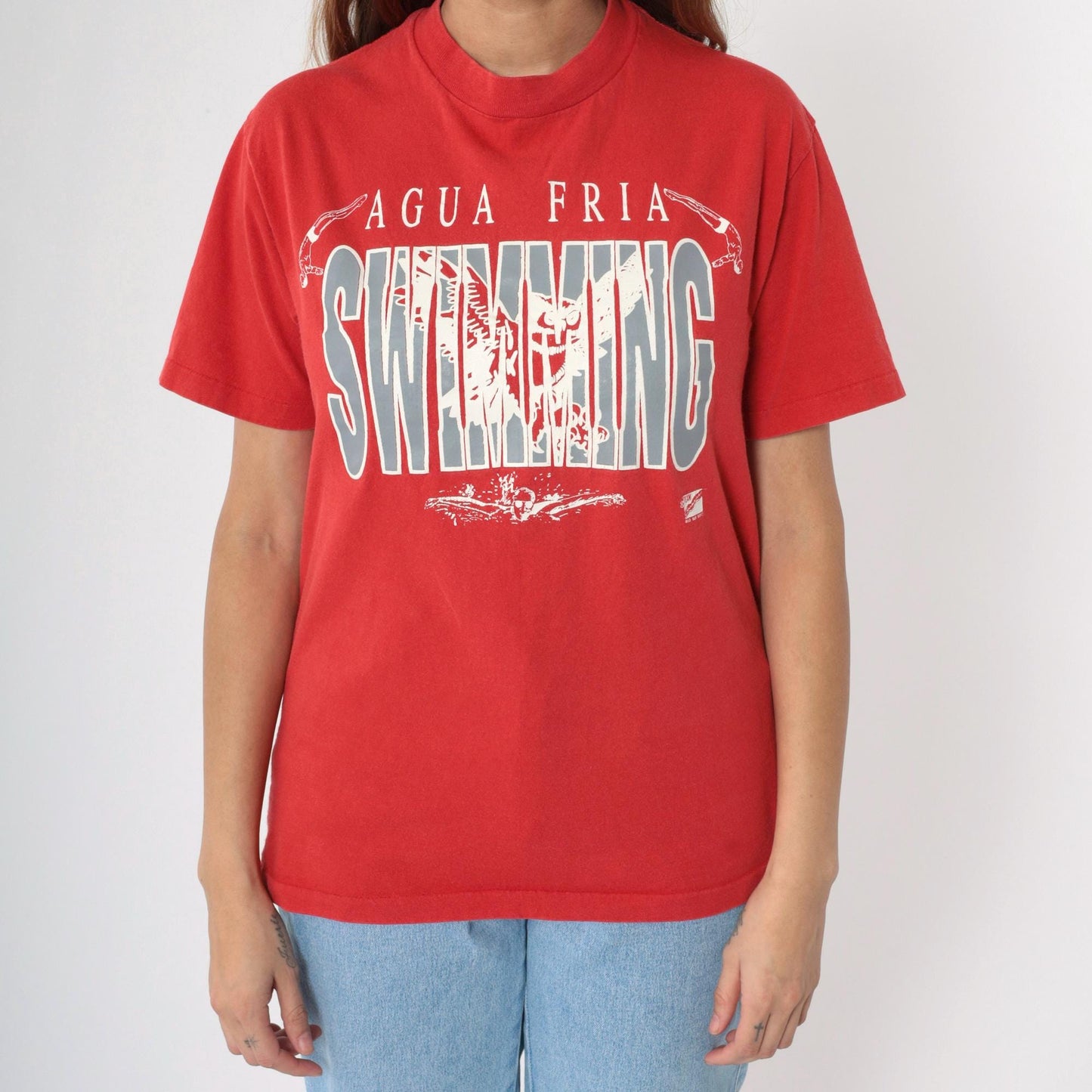 90s Agua Fria Swimming Owl Graphic T-Shirt Red Cotton Tee Medium M