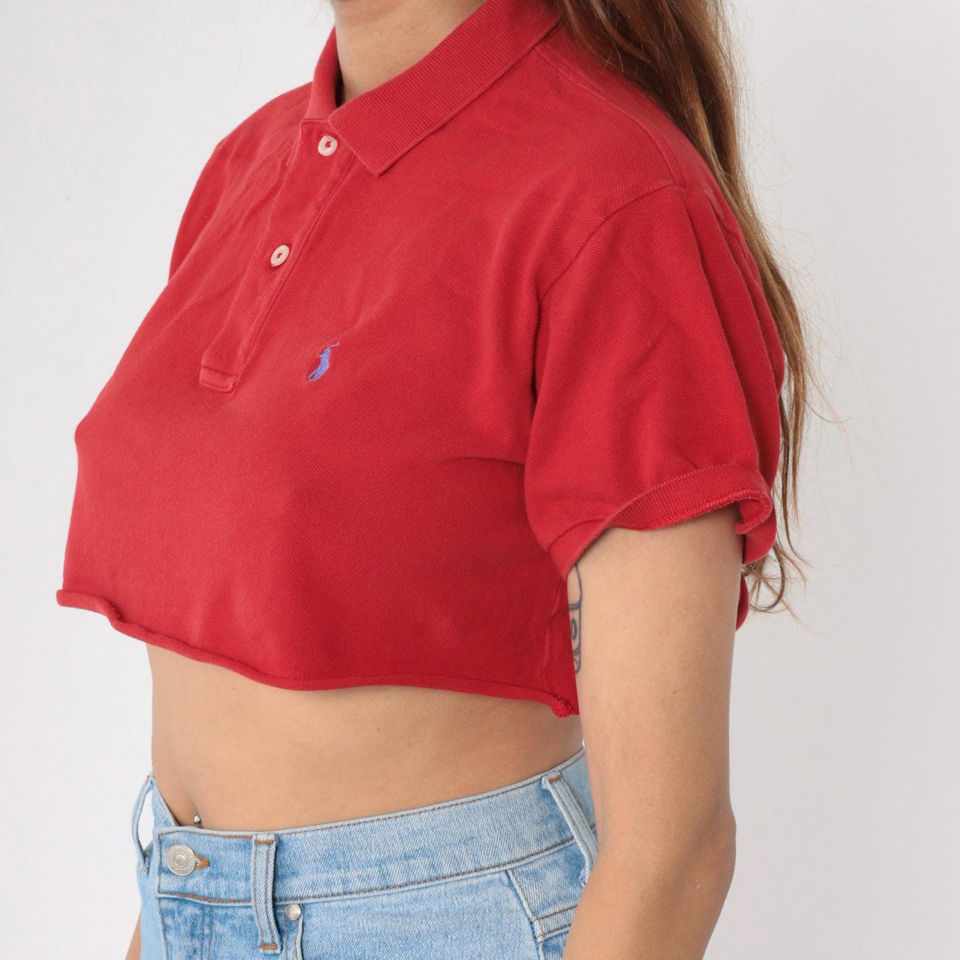 90s Ralph Lauren Crop Top Red Polo Shirt Raw Hem Medium M