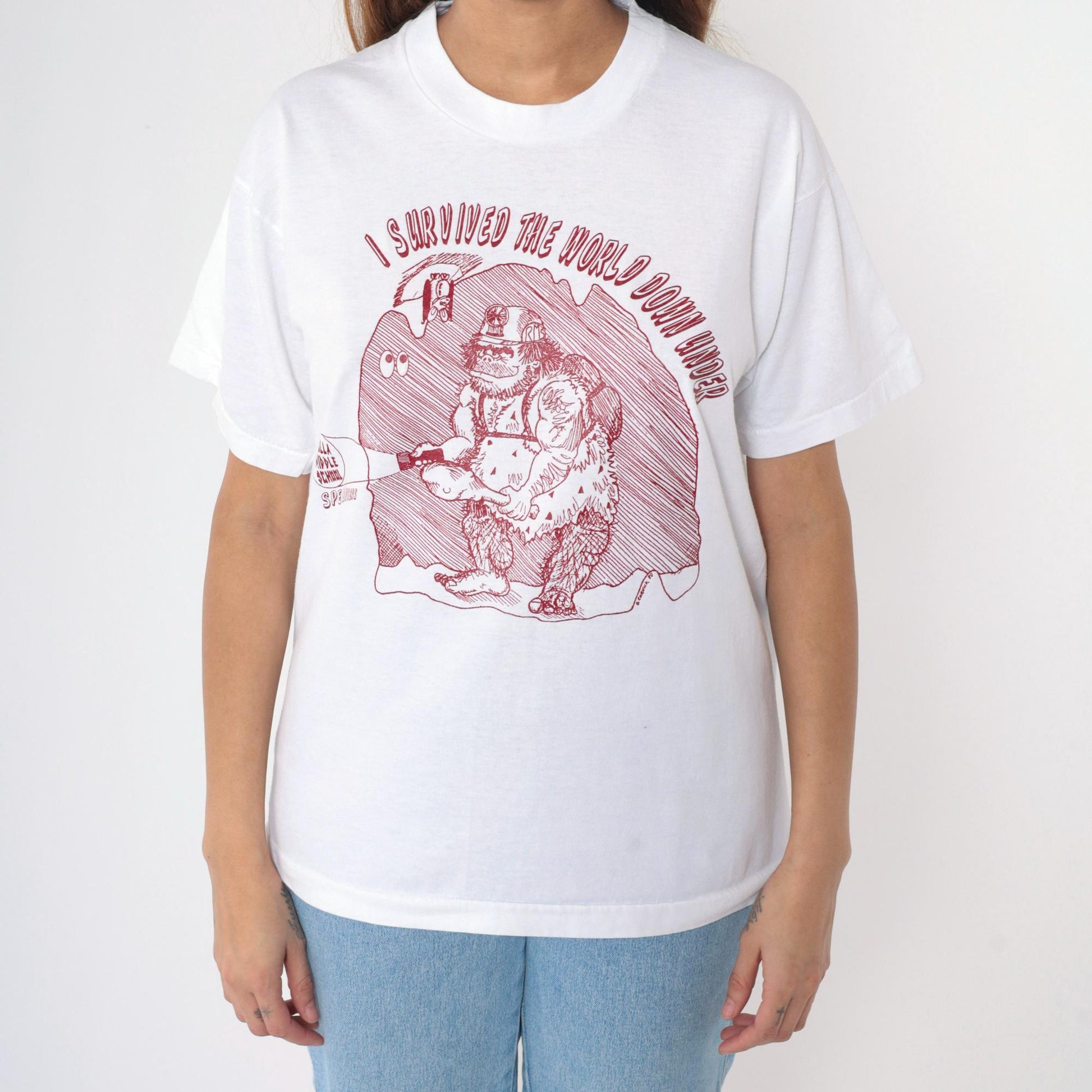 90s Rolla Middle School Spelunkers Graphic T-Shirt White Caveman Tee Large
