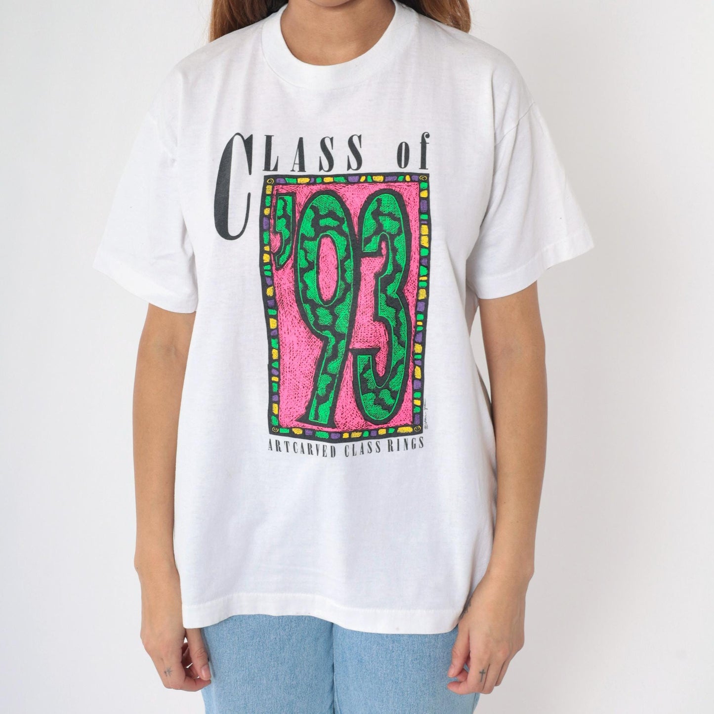 90s Class of '93 Graduation Graphic T-Shirt Neon White Screen Stars Extra Large XL