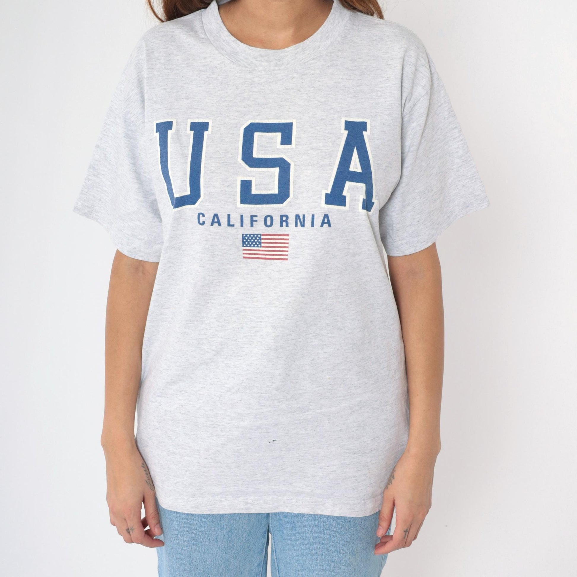 90s California USA American Flag Graphic T-Shirt Heather Grey Large L