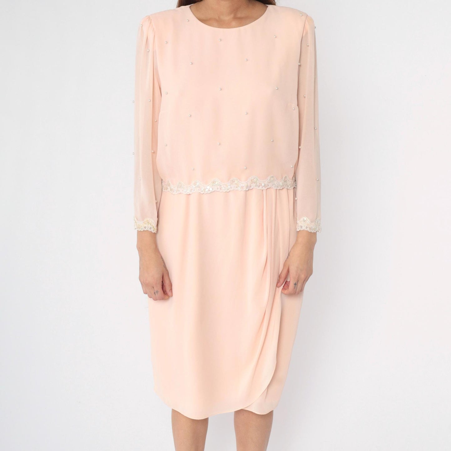 80s Miss Elliette Baby Pink Chiffon Midi Dress Puff Sleeve Beaded Sequin Medium