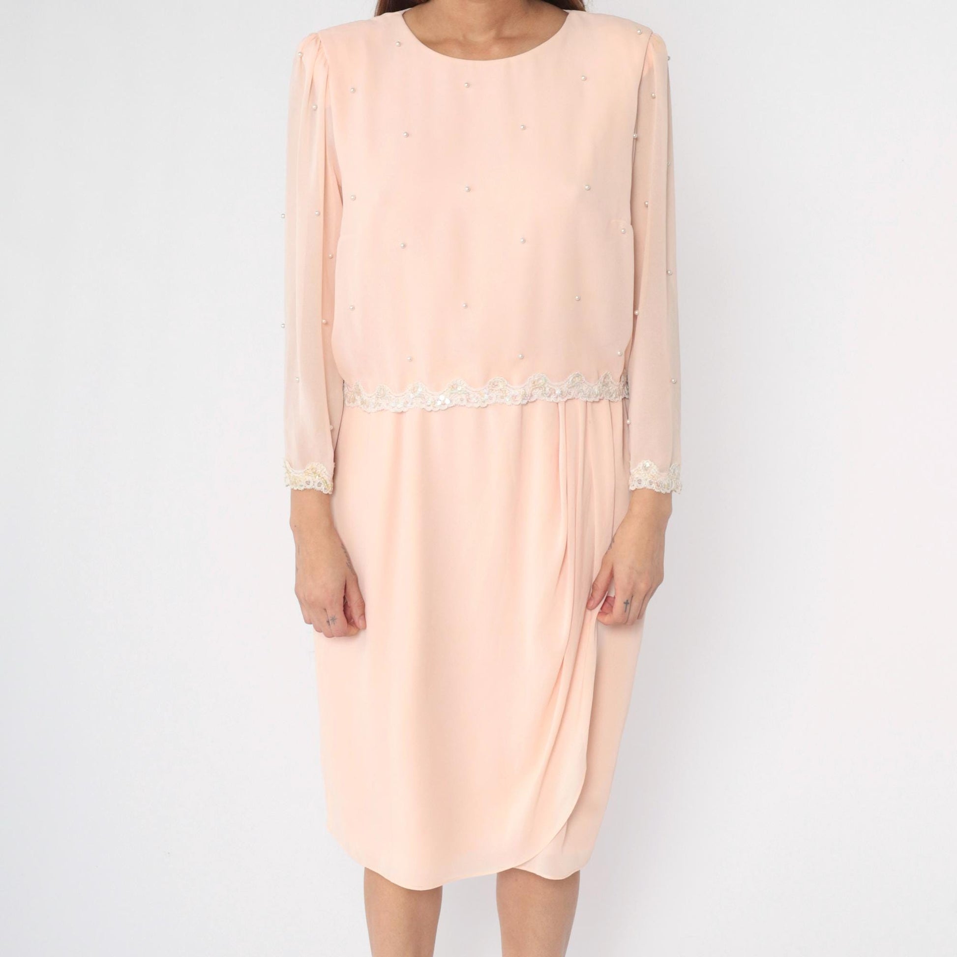 80s Miss Elliette Baby Pink Chiffon Midi Dress Puff Sleeve Beaded Sequin Medium