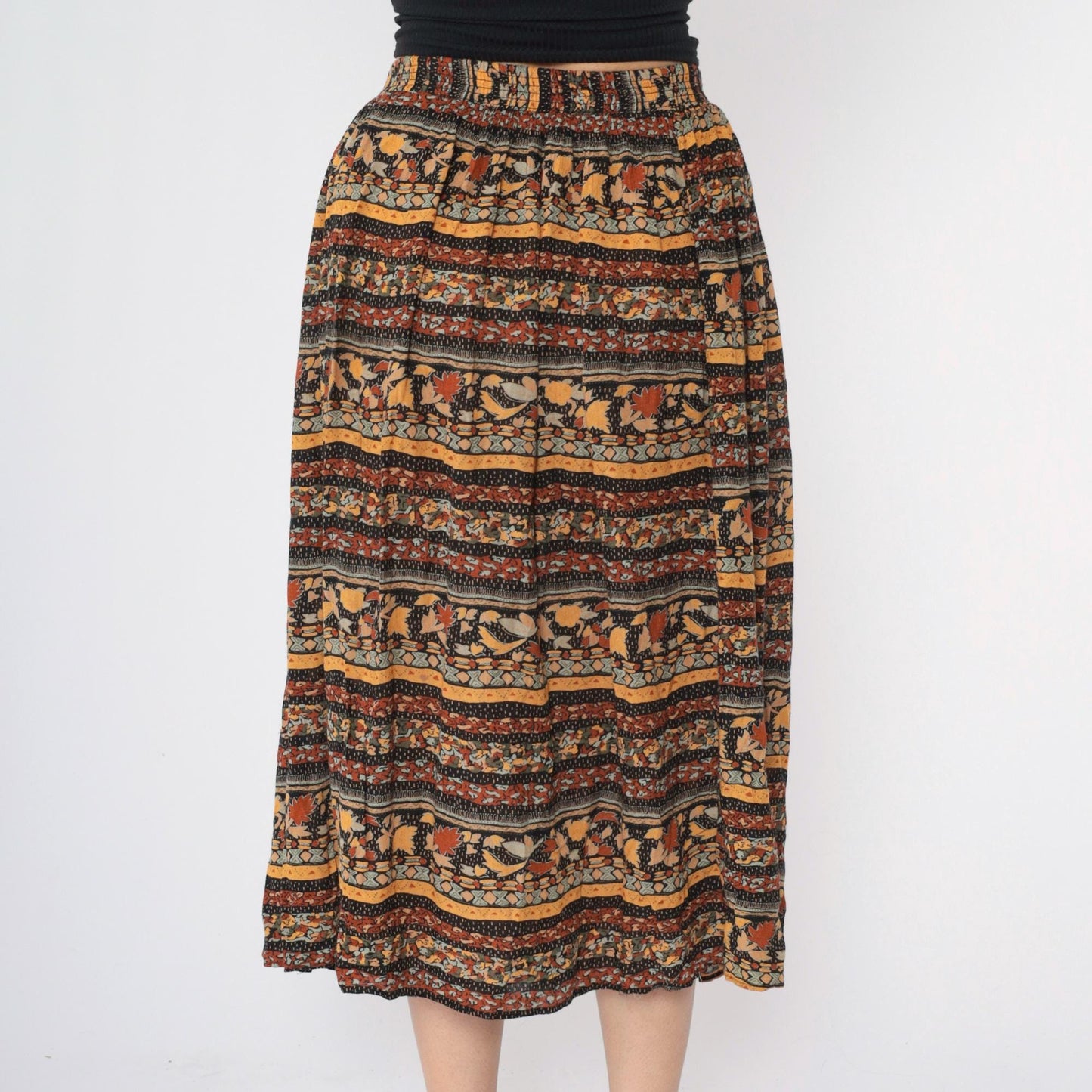 90s Michele Leslie Broomstick Midi Skirt Fall Leaf Print Mustard Orange Medium