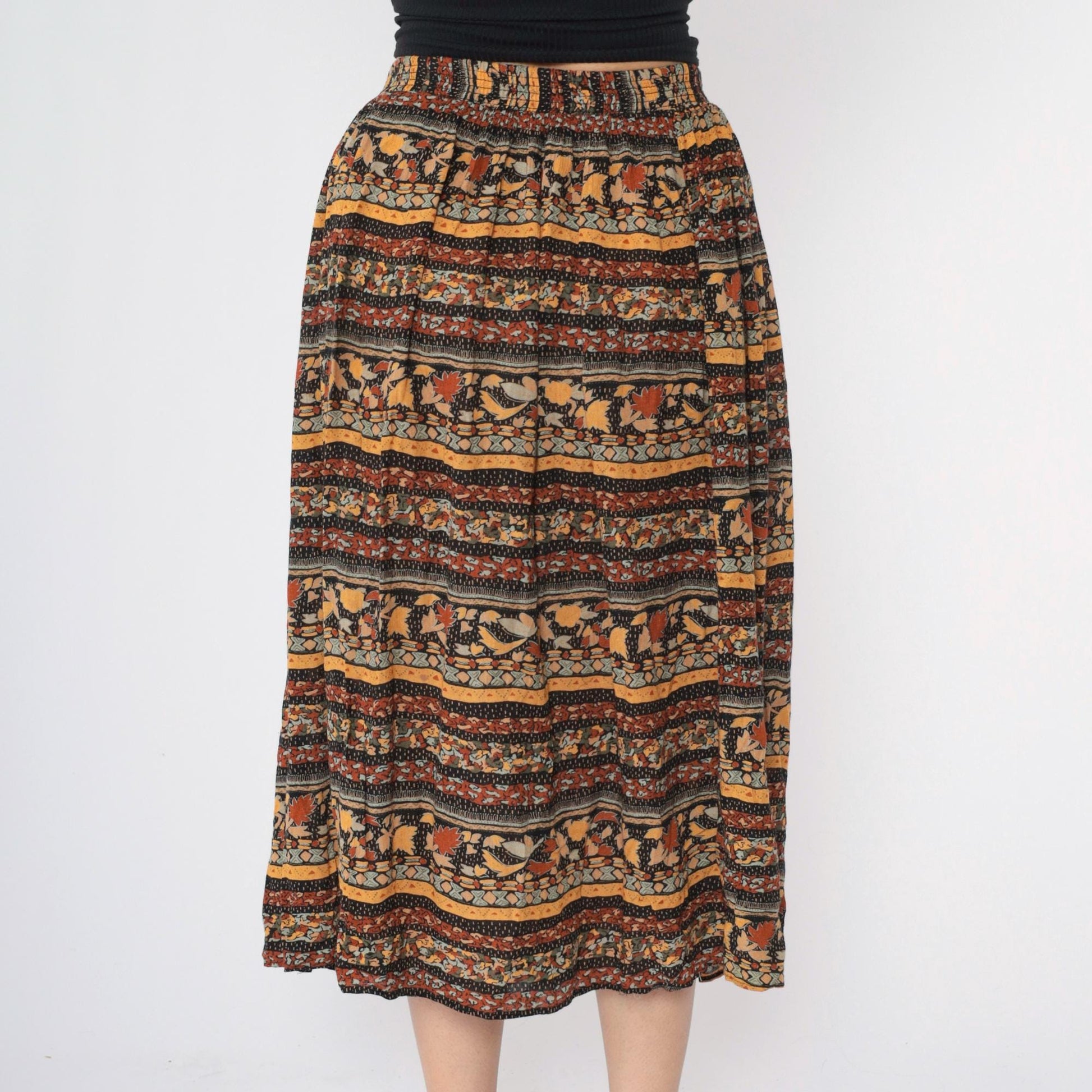 90s Michele Leslie Broomstick Midi Skirt Fall Leaf Print Mustard Orange Medium