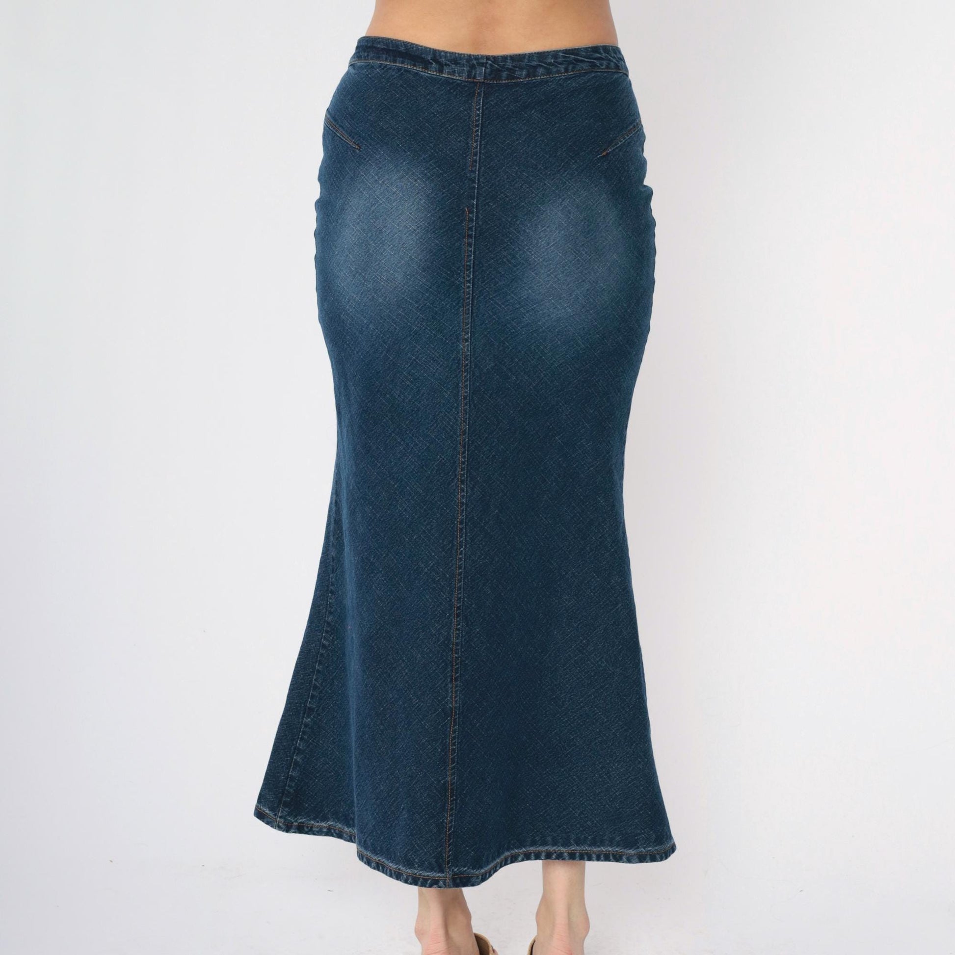 Y2K Dark Wash Denim Maxi Skirt High Rise Flared Jean Faded Blue Medium