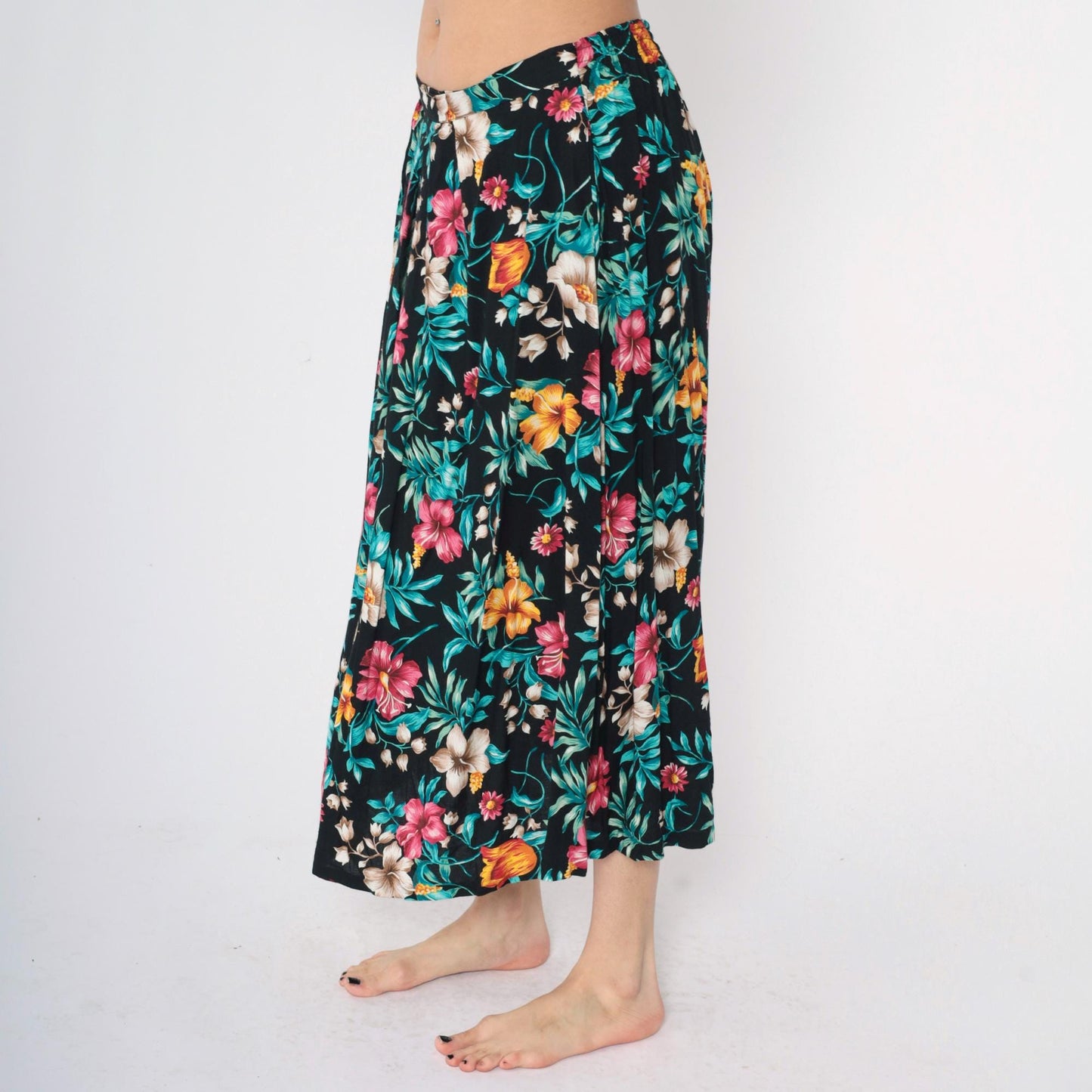 90s Tropical Floral Midi Skirt Black Rayon High Waist Large L